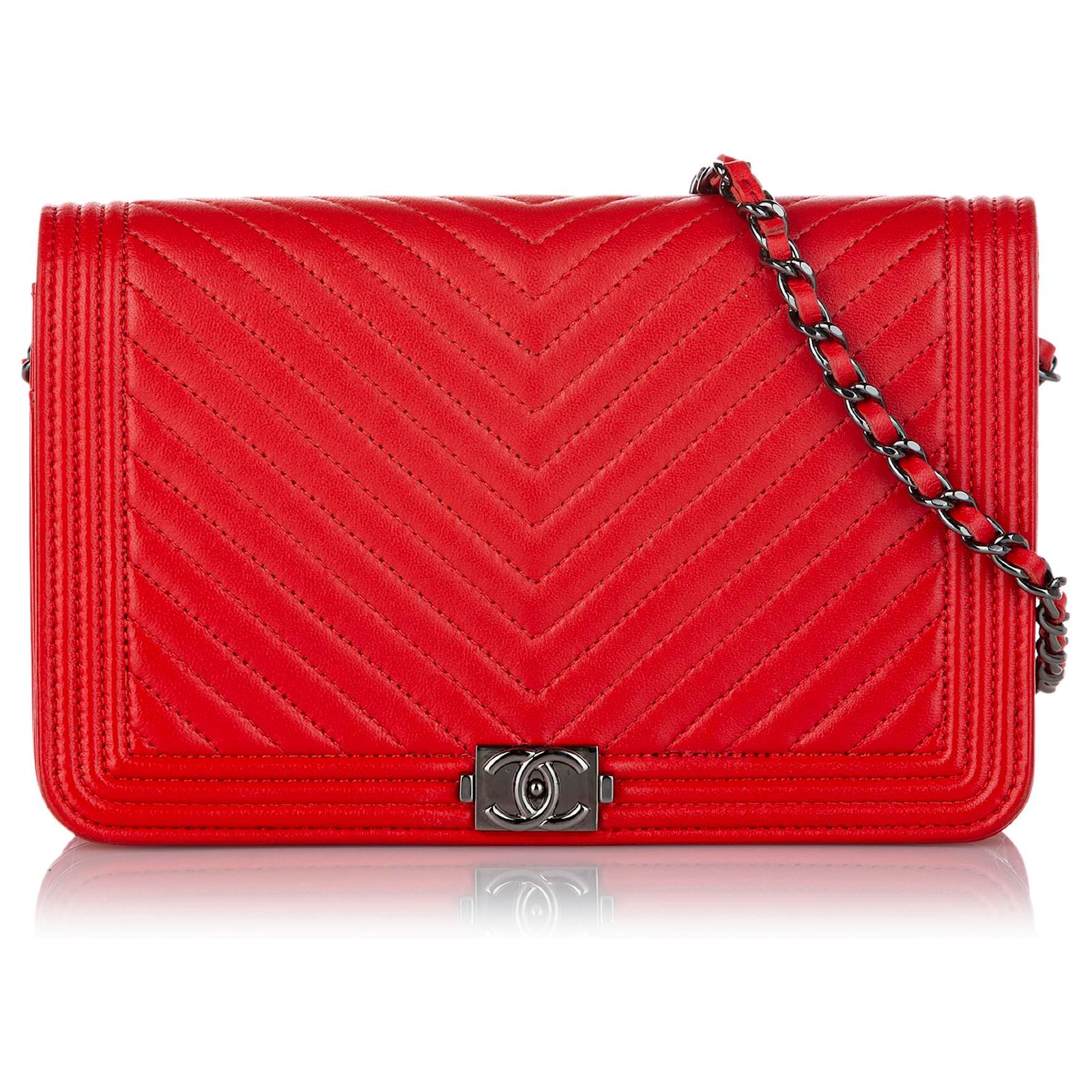 Chanel Red Chevron Boy Lambskin Wallet On Chain Leather ref.420060