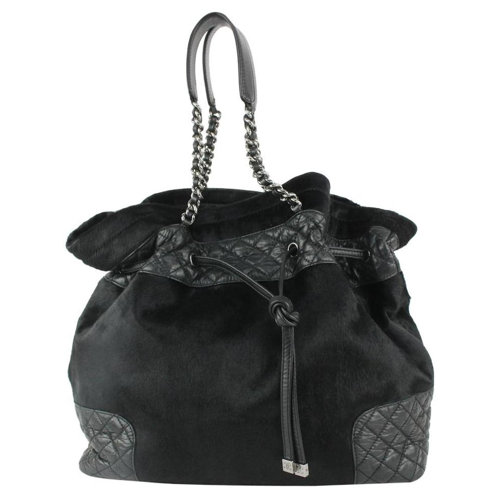 Chanel Black Quilted Lambskin x Pony Hair Drawstring Bucket Chain