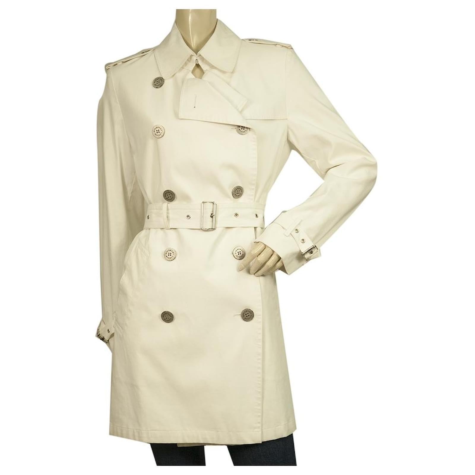Burberry White Cotton Blend Raincoat, Waterproof Mac Trench Coat Hood