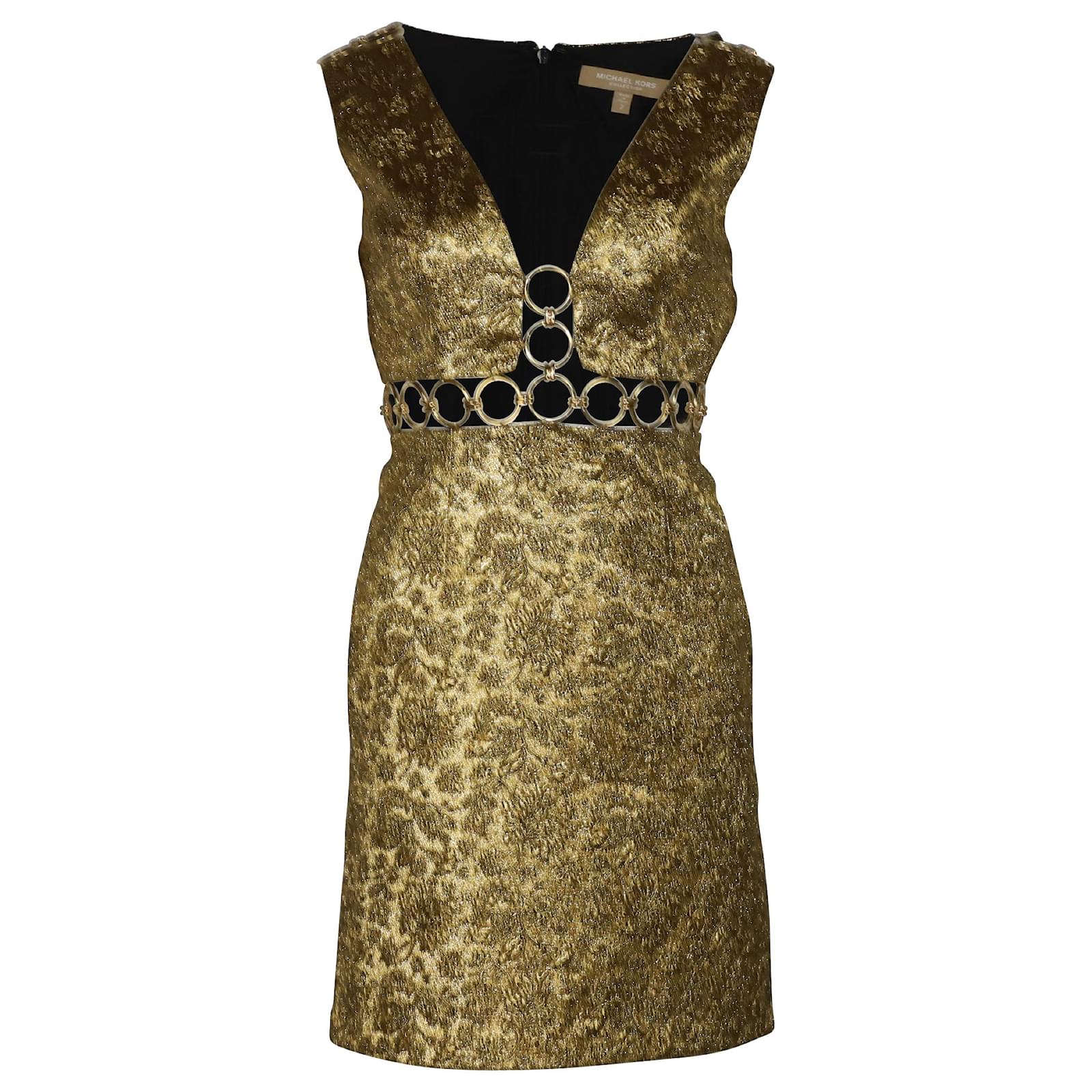 Michael Kors Floral Metallic-Embroidered Brocade Dress in Metallic Gold  Polyester Golden  - Joli Closet