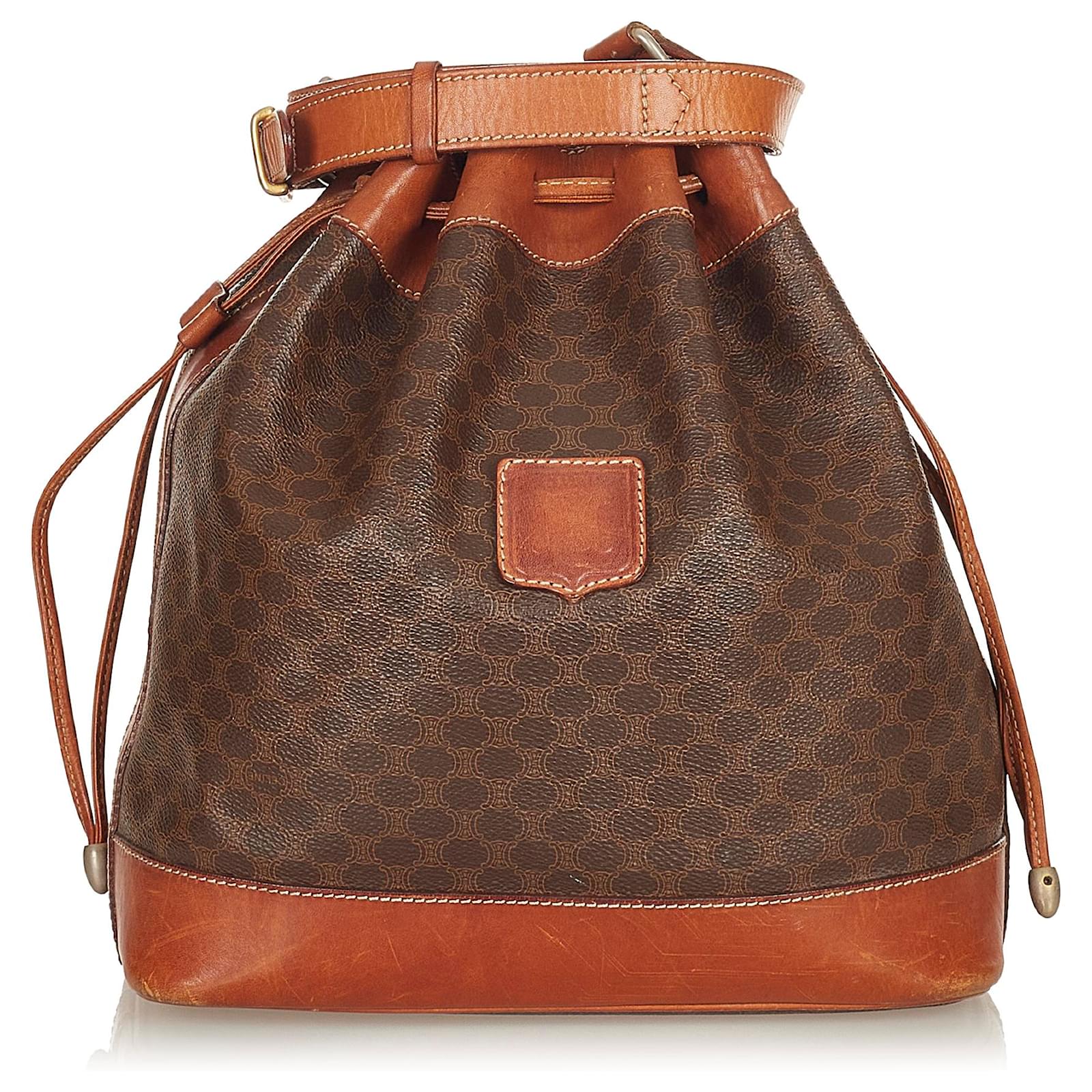 Céline Celine Brown Macadam Drawstring Bucket Bag Leather Plastic Pony