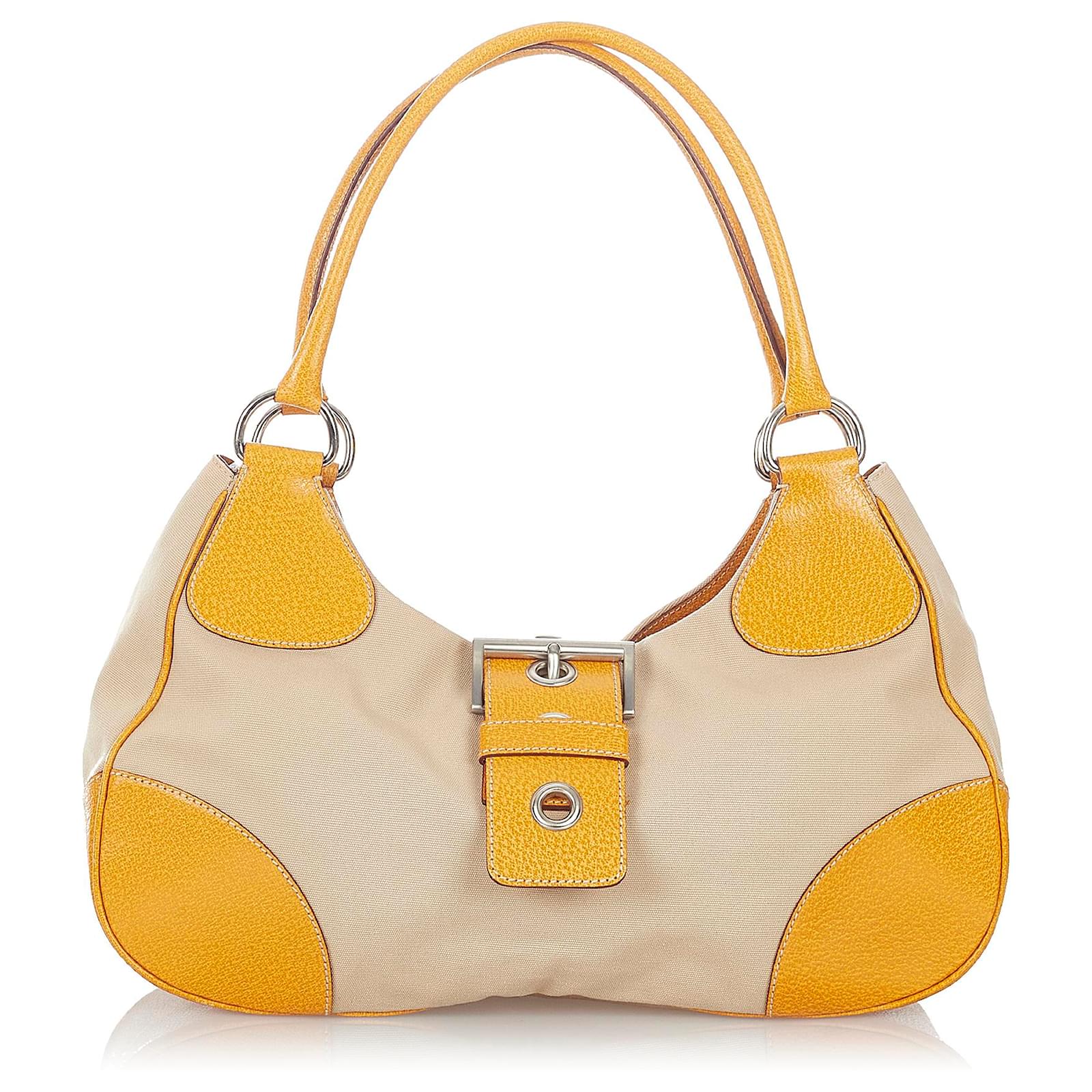 Prada Brown Canvas Shoulder Bag Beige Yellow Leather Cloth Pony-style  calfskin Cloth ref.422416 - Joli Closet