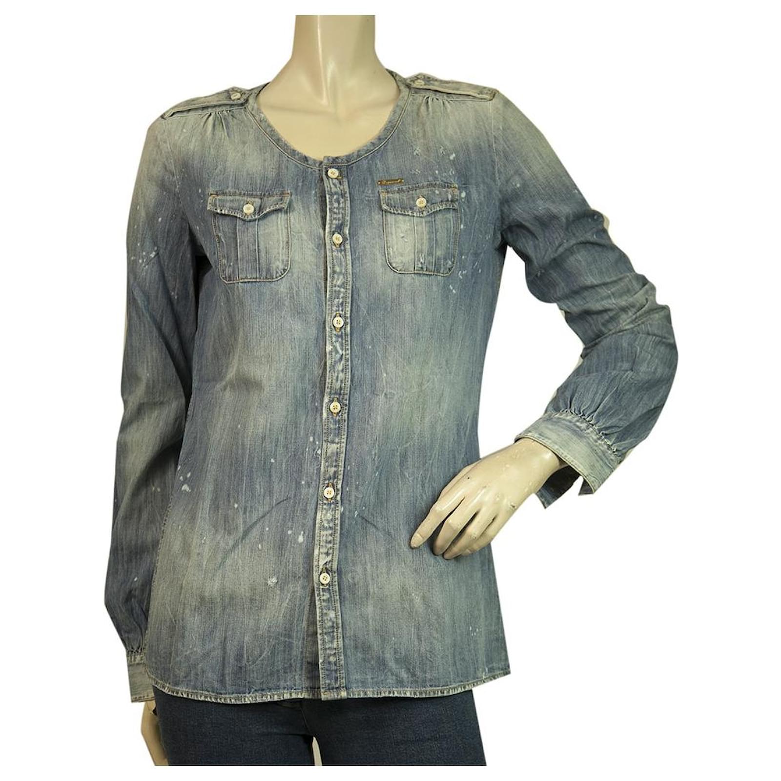 JDY Dortea puff sleeve collarless denim shirt in medium blue denim -  ShopStyle Tops