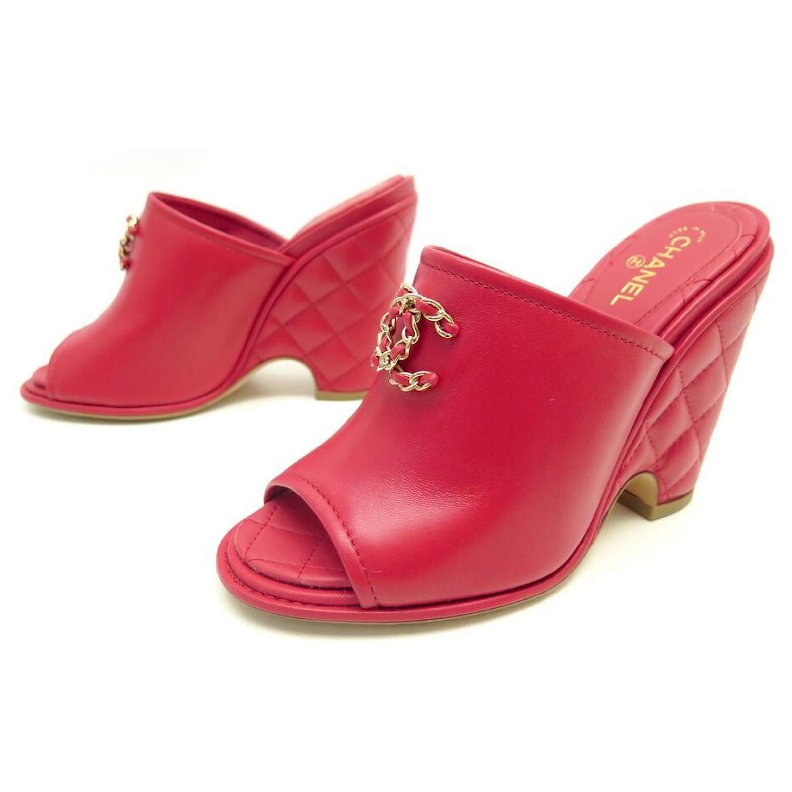NEW CHANEL G SHOES31460 37.5 QUILTED WEDGE SANDALS Fuschia Leather  ref.423353 - Joli Closet
