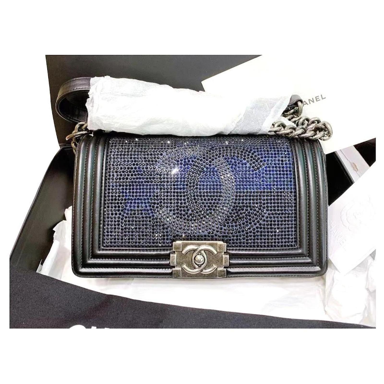 Rare Chanel CC crystal studded boy bag Black Dark blue Leather ref