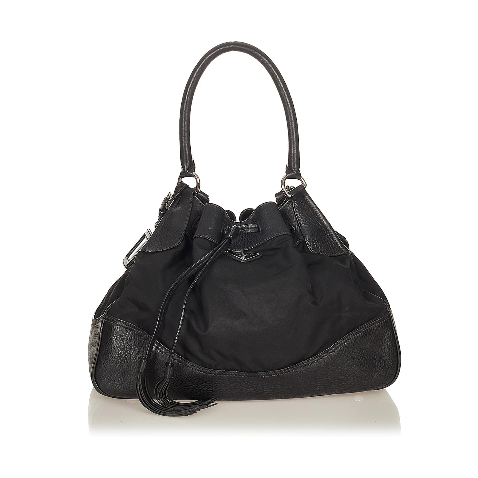Prada Black Tessuto Bucket Bag Leather Pony-style calfskin Nylon Cloth ...