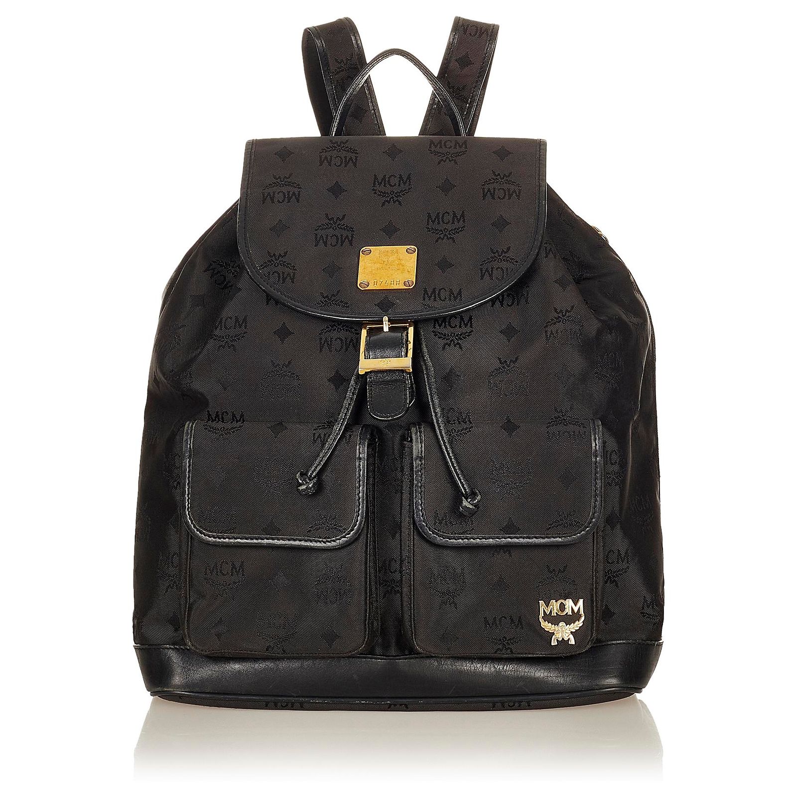 Sac à Dos MCM Visetos Toile Cognac & Cuir Noir - Taille 13 Pouces - Occasion Très Bon état