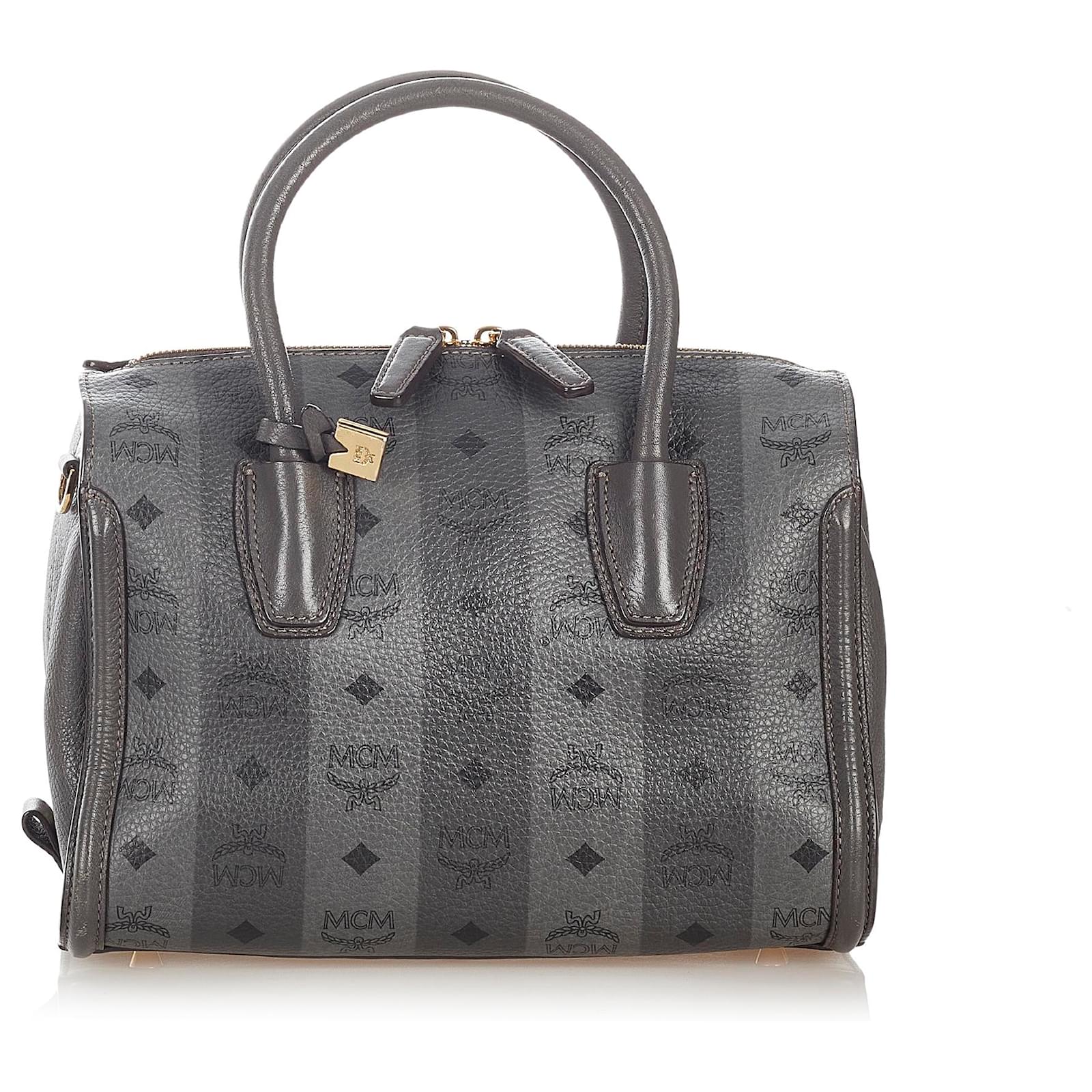 MCM Gray Visetos Leather Boston Bag Grey Dark grey Pony-style