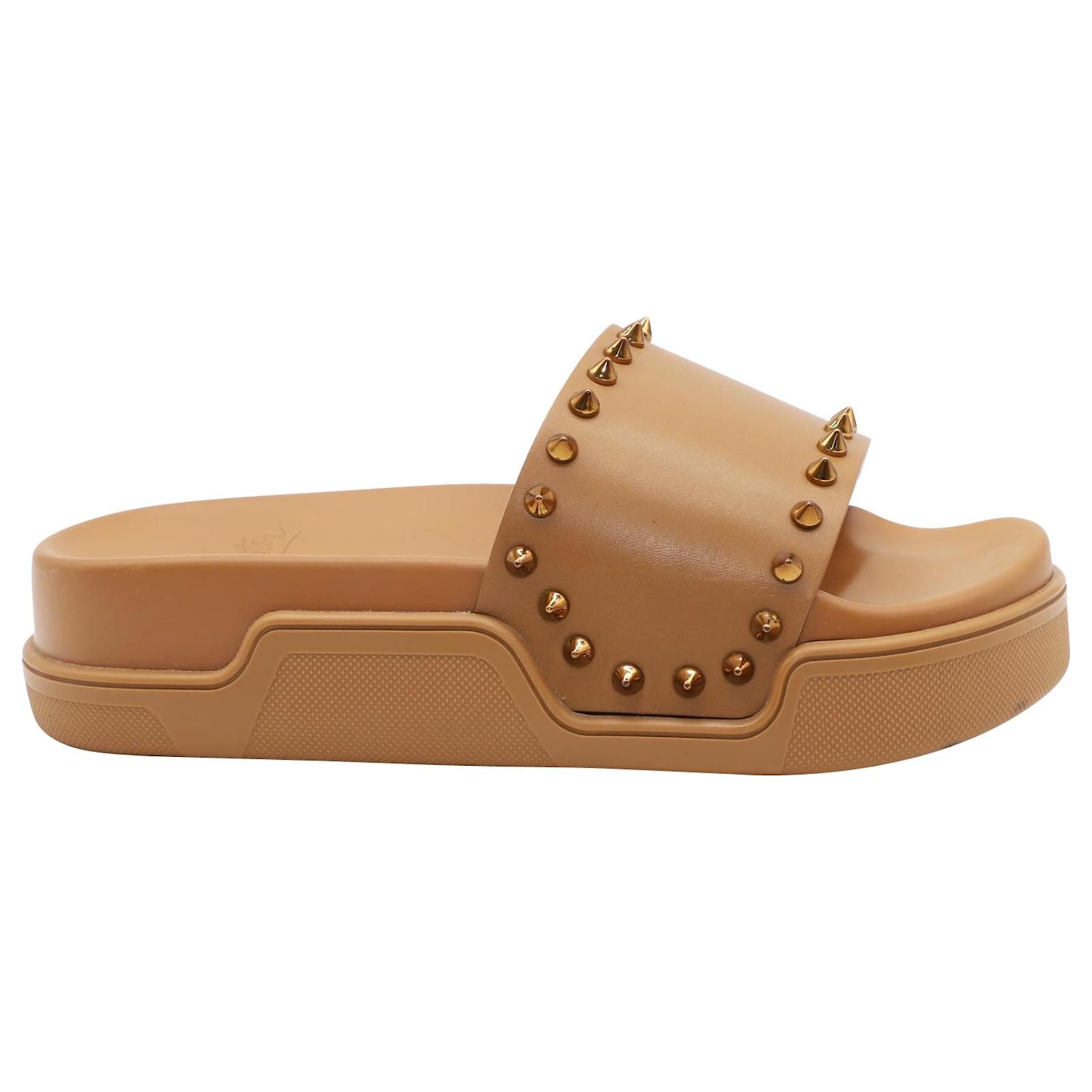 Christian Louboutin Pool Stud Leather Slides in Brown