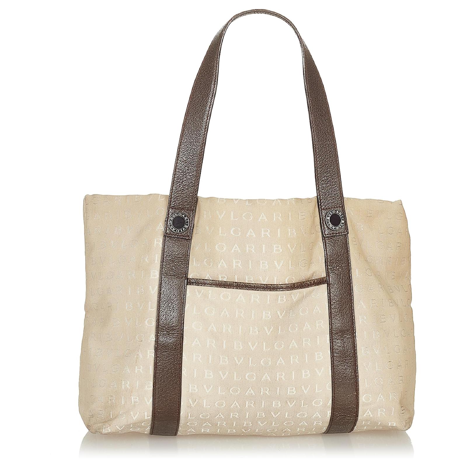 Bulgari Bvlgari Brown Logomania Canvas Tote Bag Beige Dark brown Leather  Cloth Pony-style calfskin Cloth  - Joli Closet