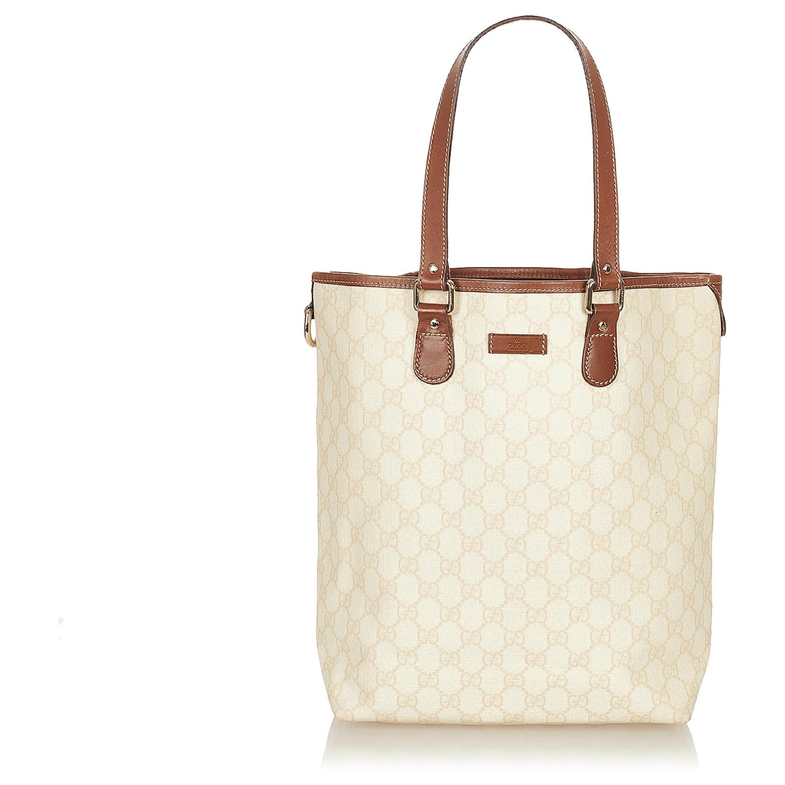 Gucci White Gg Supreme Tote Bag Brown Leather Cloth Pony Style Calfskin