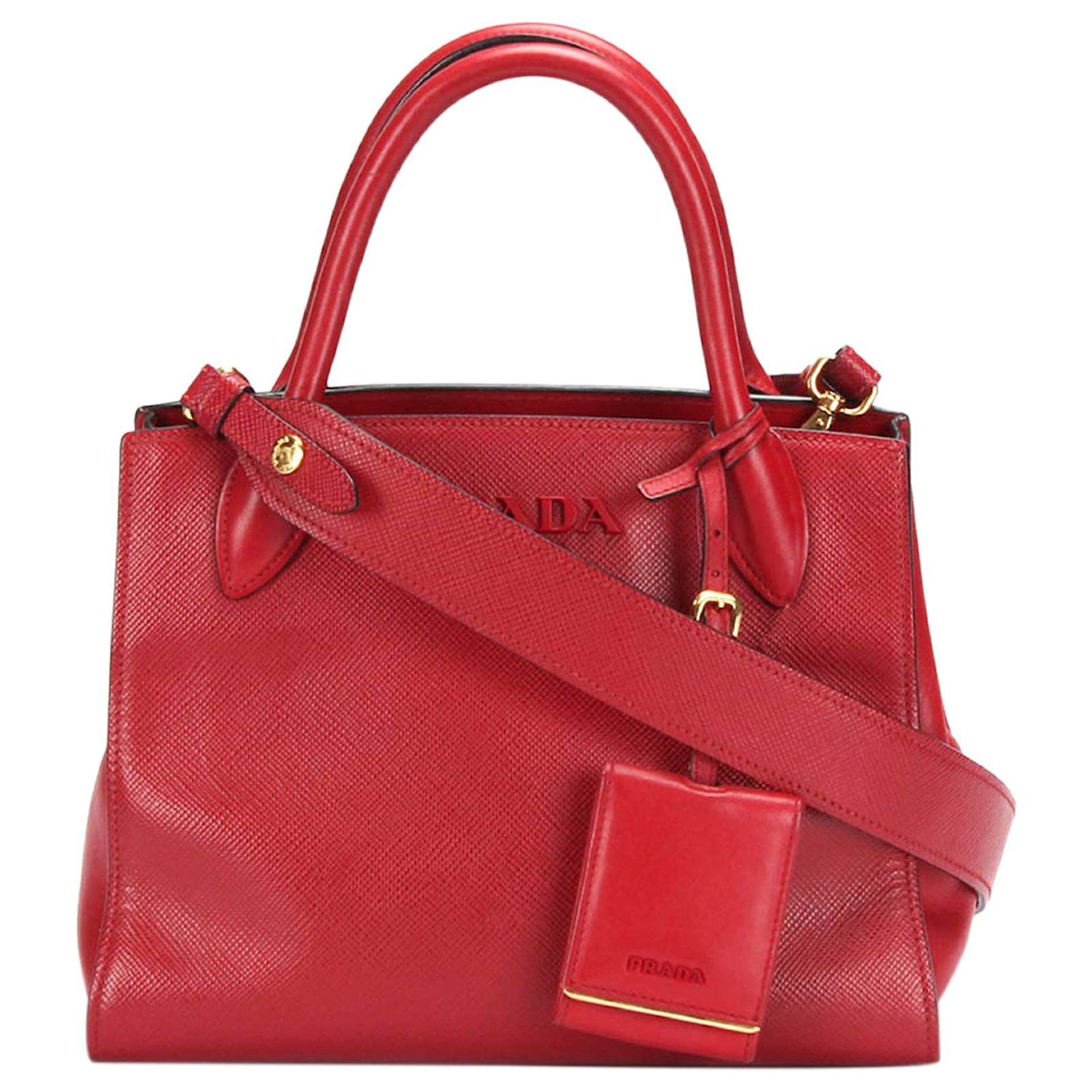 Prada Red Saffiano Cuir Monochrome Satchel Leather Pony-style calfskin ...