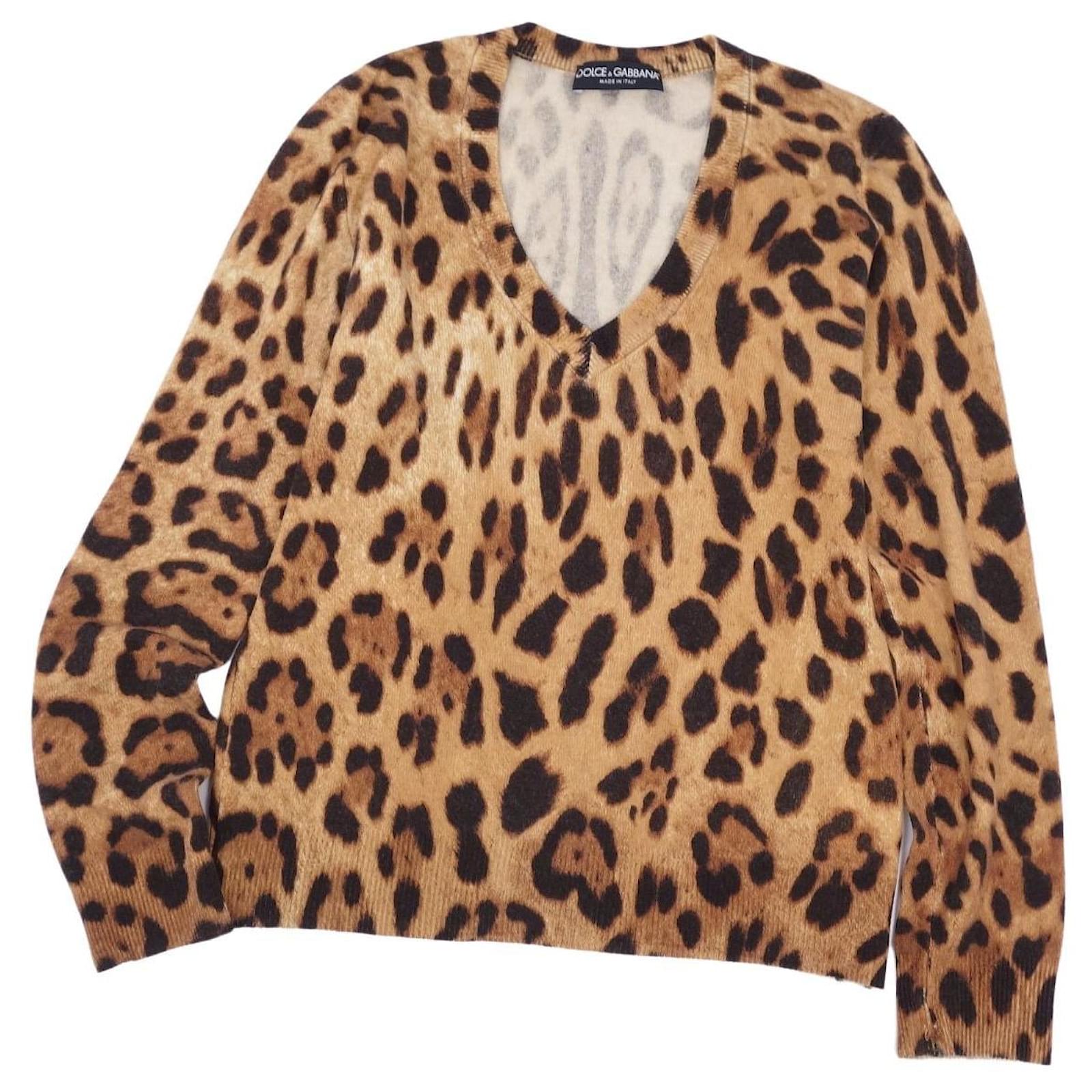 DOLCE & GABBANA Knit Cashmere 100% Leopard Sweater Men's V-neck Leopard  Print Tops Brown Size 46 (S equivalent)  - Joli Closet