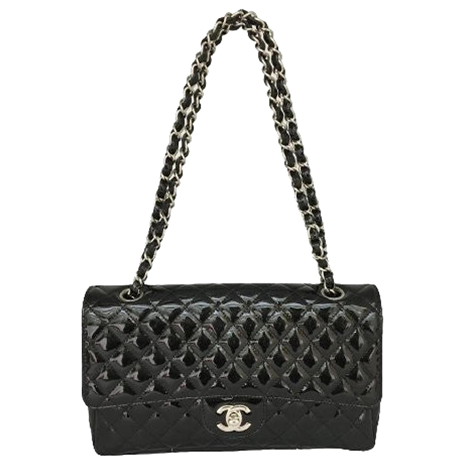 Chanel Black Medium Secret Label Patent Leather Flap Bag