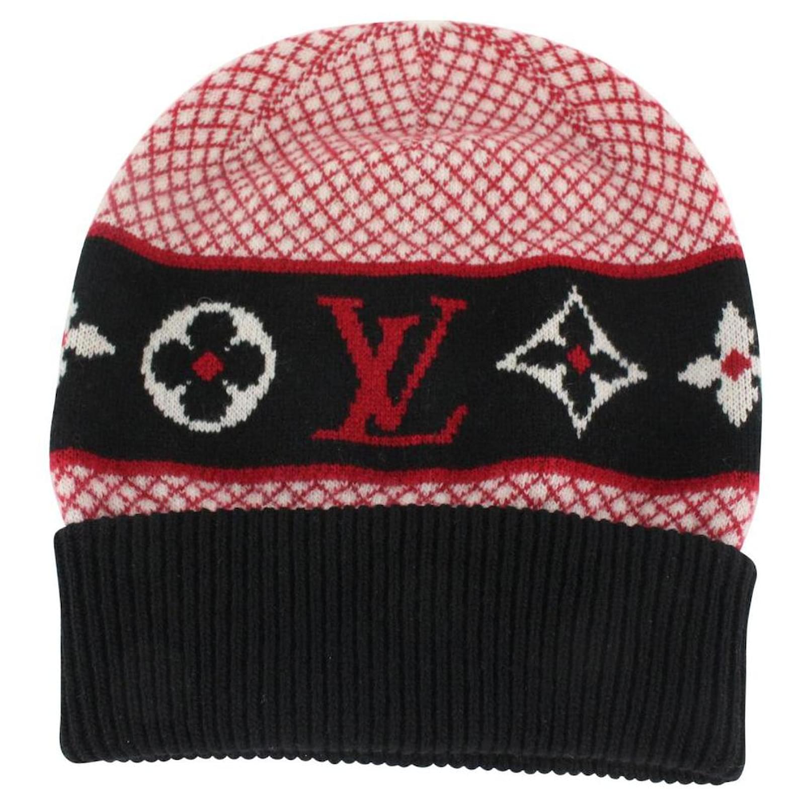 Louis Vuitton Black x Red Monogram lined LV Beane Skull Cap Hat