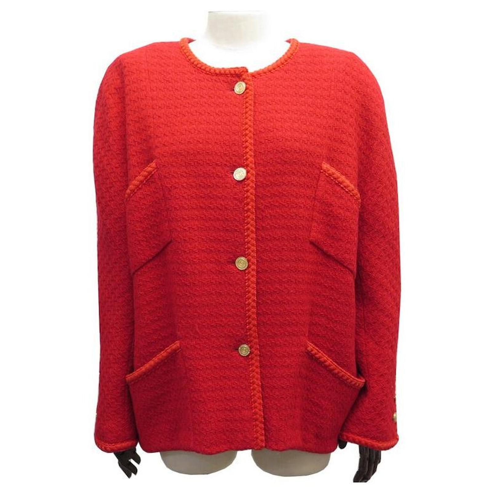 CHANEL 18B RED CC BUTTONS WOOL TWEED JACKET 42