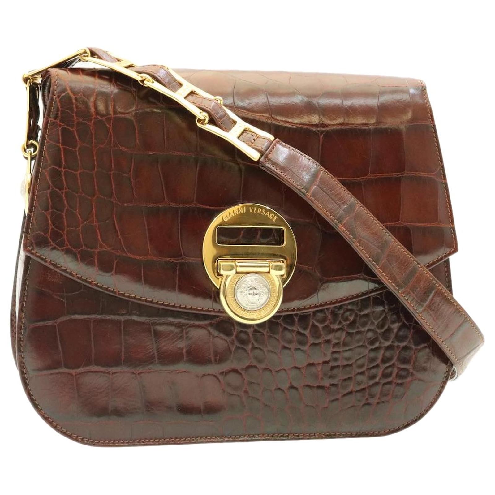 Gianni Versace Medusa Shoulder Bag Embossed Leather Brown Auth