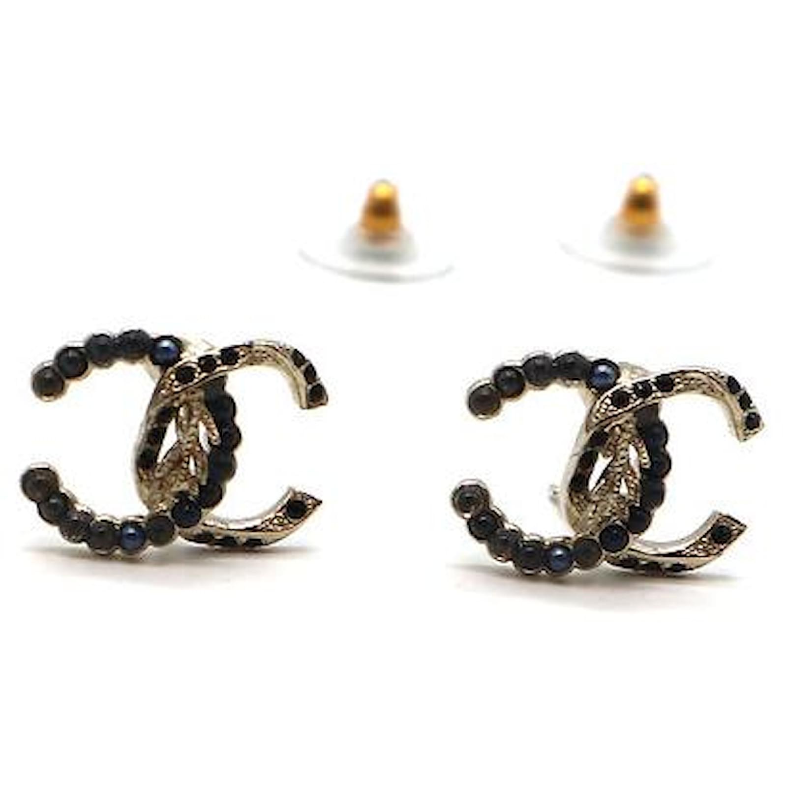 Chanel Black Gold Twist CC Crystals and Pearls Earrings Metal ref