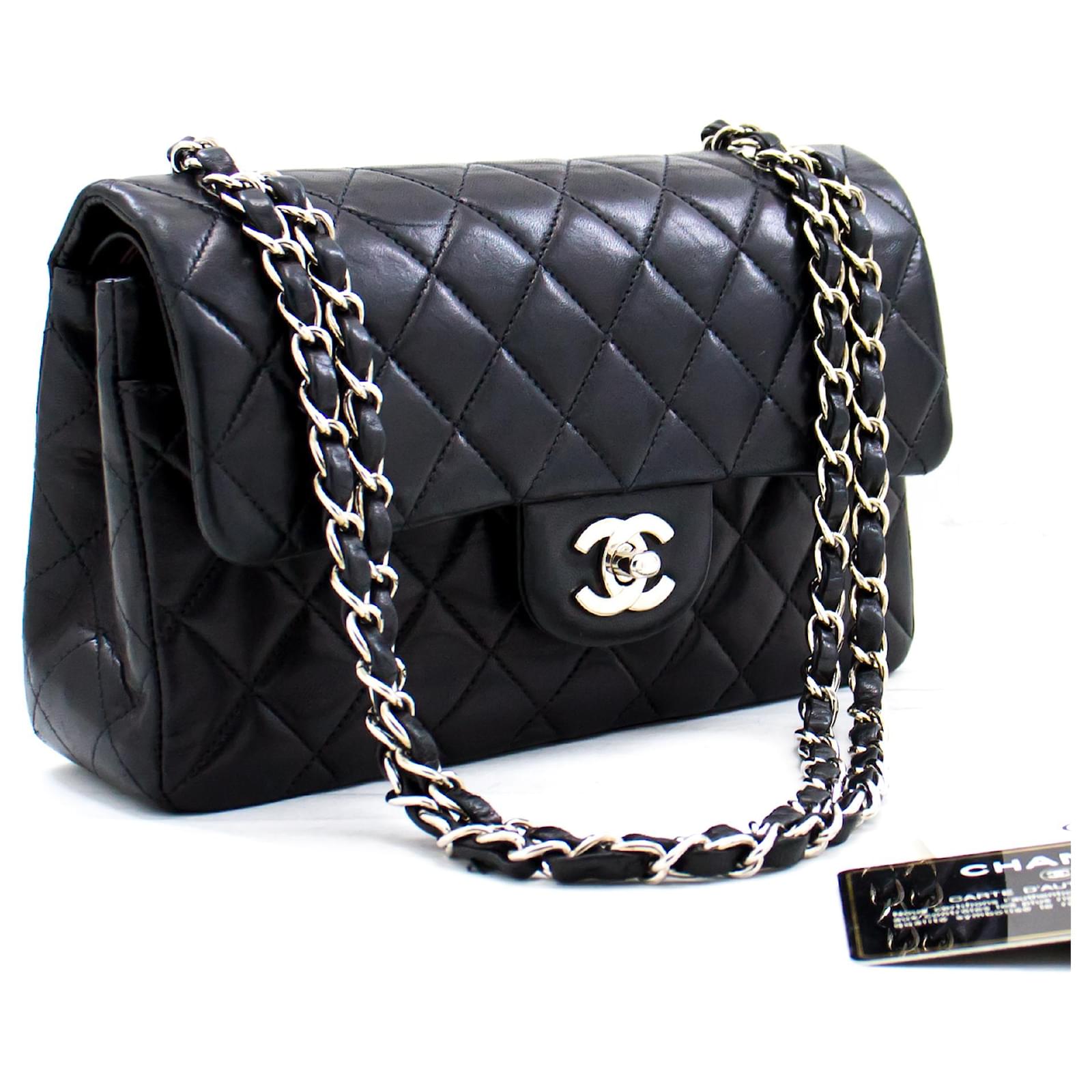 Chanel 2.55 lined Flap Silver Chain Shoulder Bag Black Lambskin