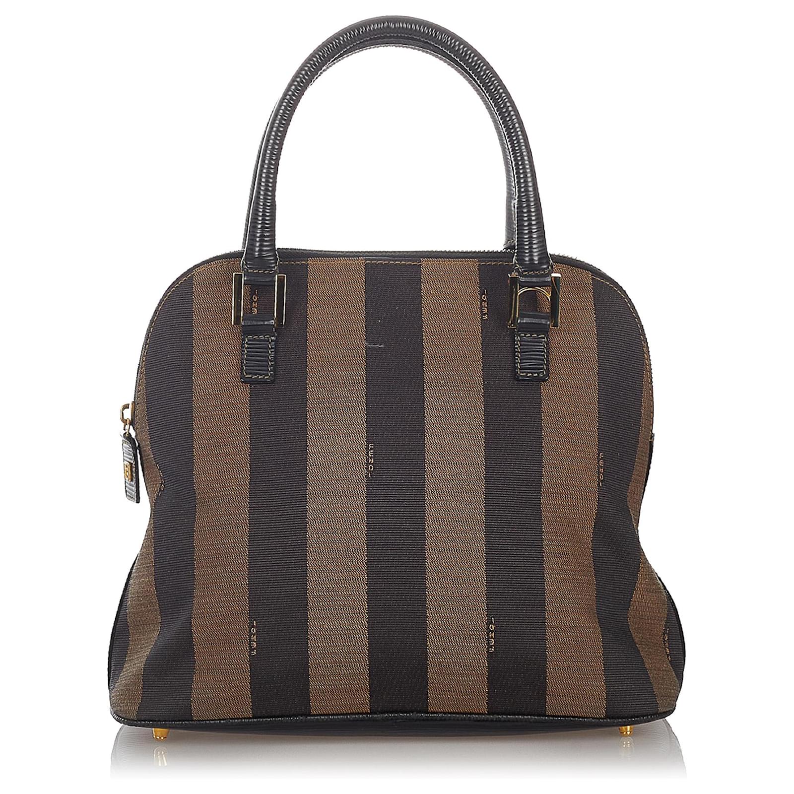 Fendi Brown Pequin Satchel Black Leather Cloth Pony-style calfskin ...