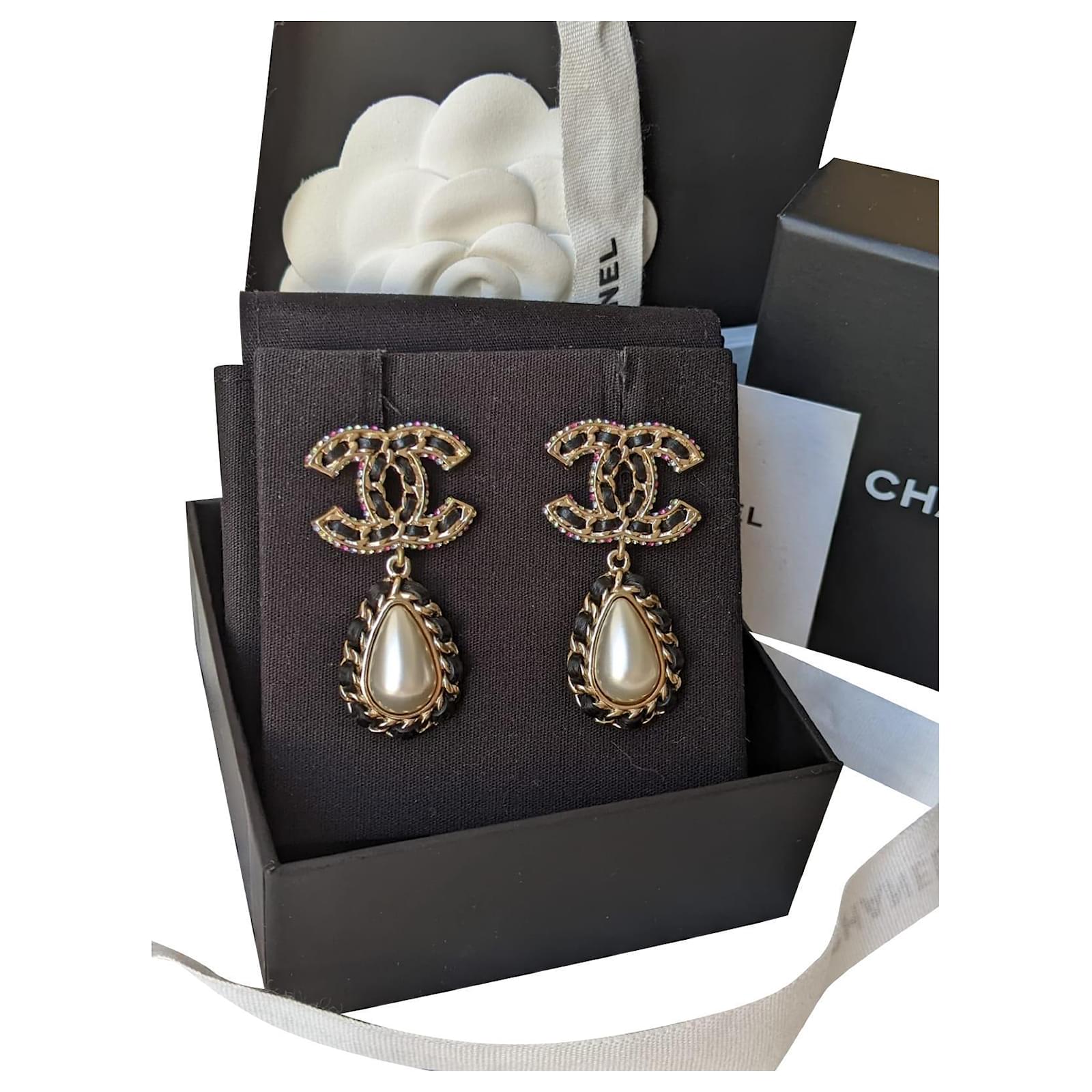 Chanel CC Drop Earrings Crystal Pearl Silver for Women