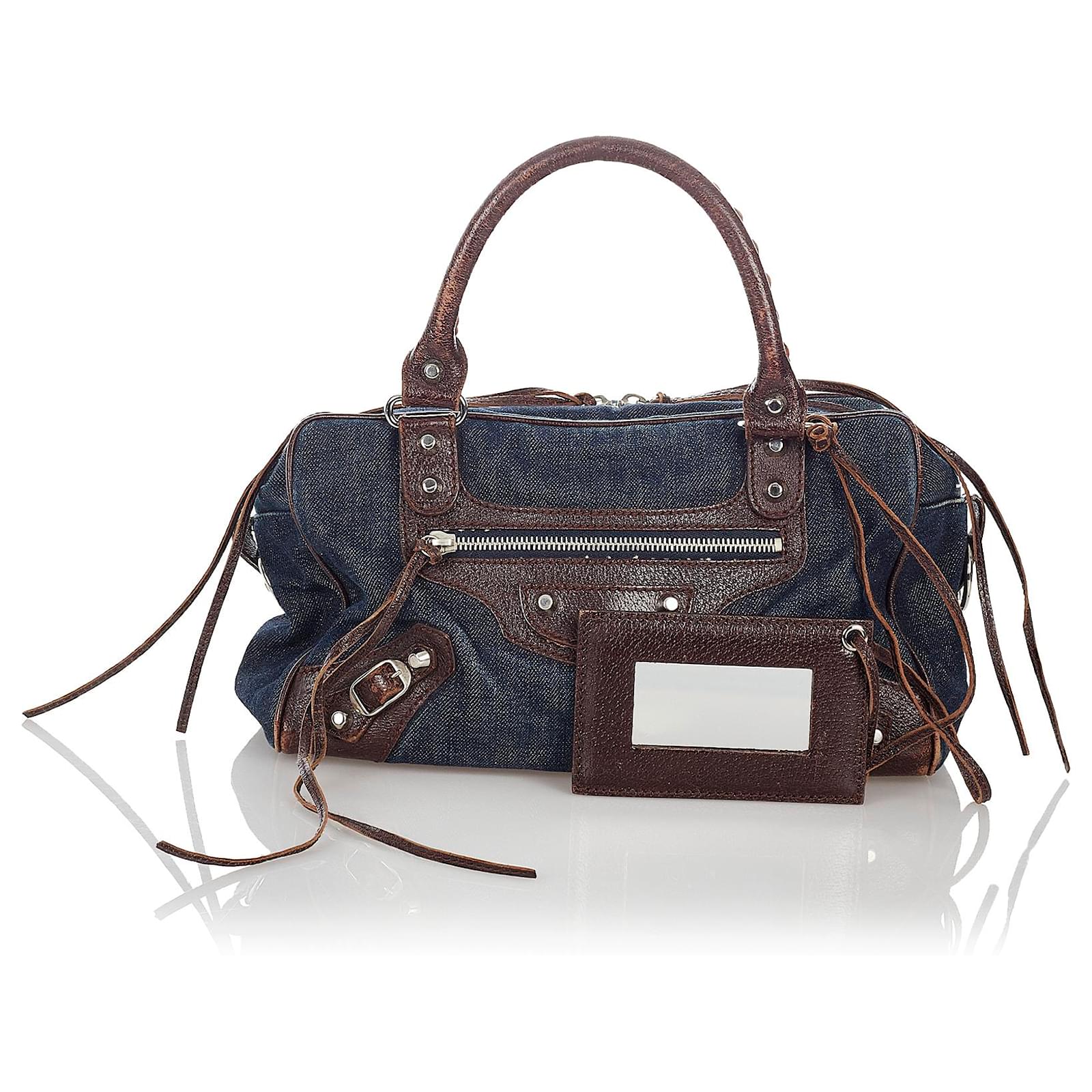 Balenciaga Blue Motocross Twiggy Denim Handbag Brown Dark brown 