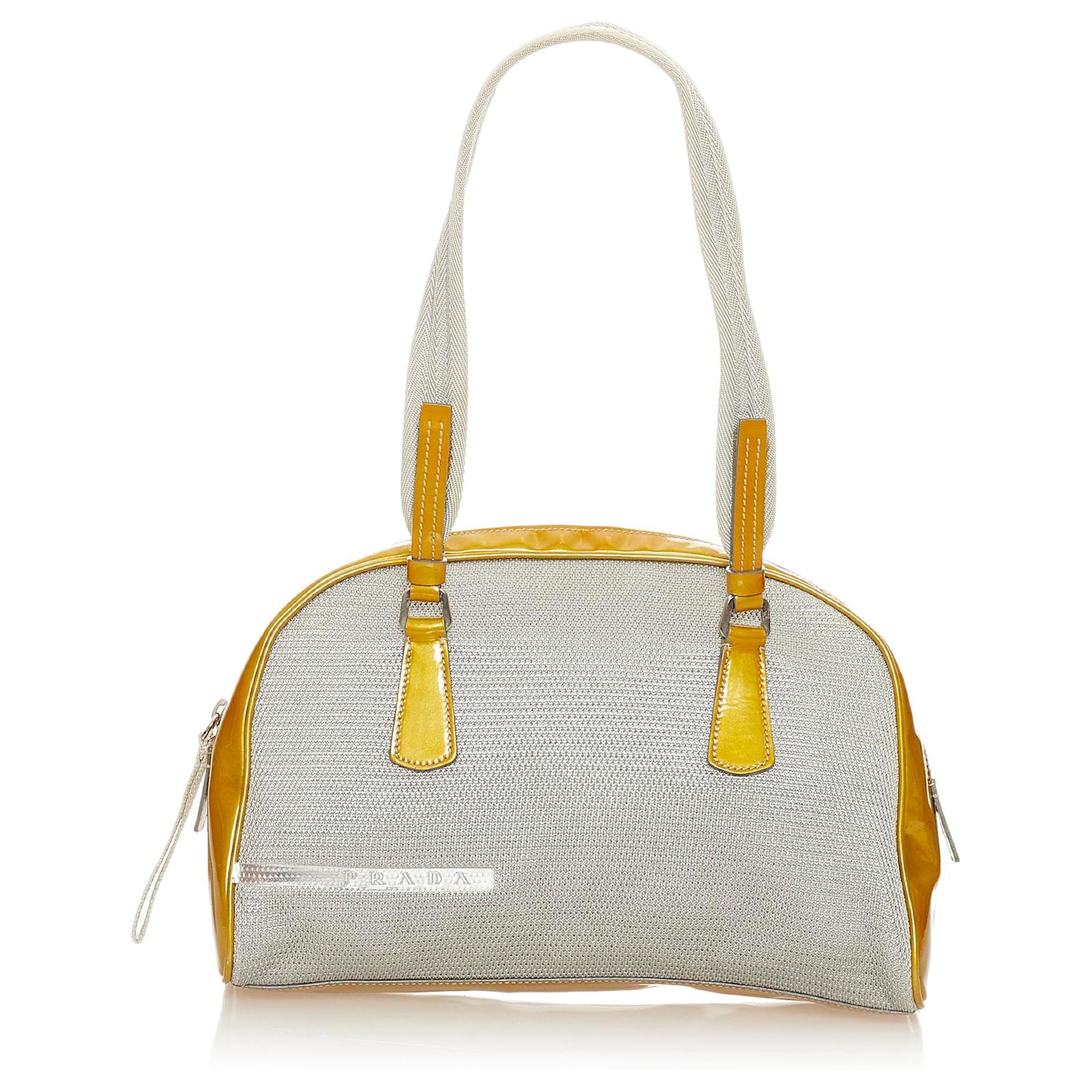 Borsa Prada Sport Nylon Bowler Grigia Grigio Giallo Pelle Pelle verniciata  Panno ref.435095 - Joli Closet