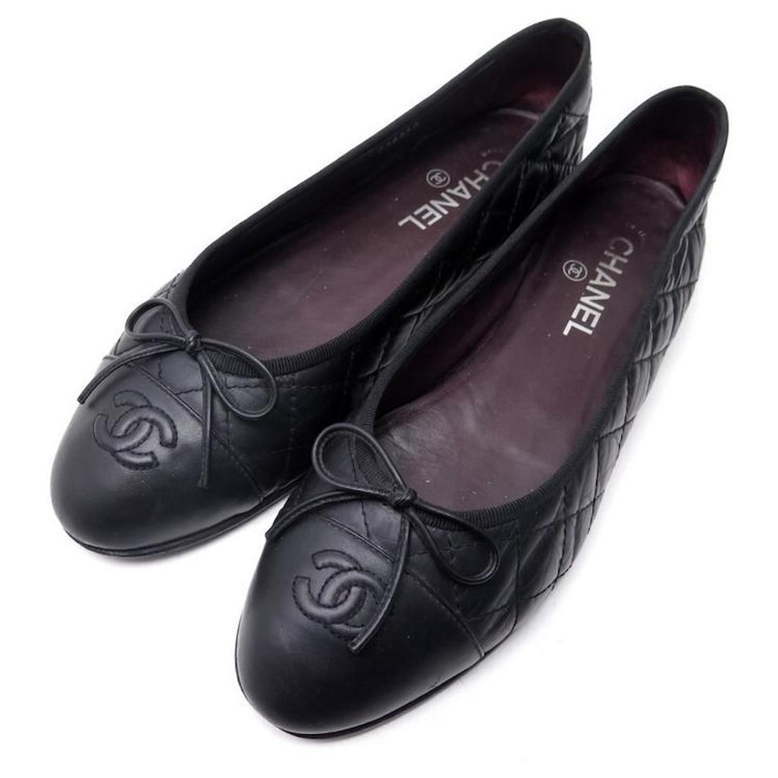 CHANEL LOGO CC G BALLERINAS SHOES26250 39.5 BLACK QUILTED LEATHER