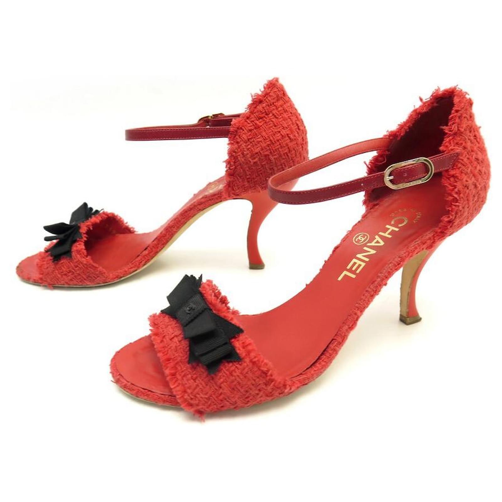 SCARPE CHANEL FIOCCO LOGO CC G27194 sandali 38.5 SCARPE IN TWEED ROSSO  ref.437153 - Joli Closet