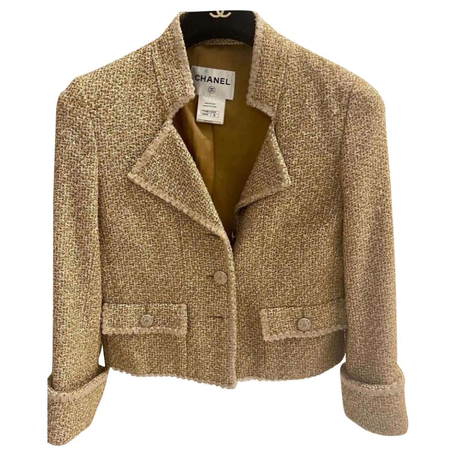 Chanel Tan Gold Tweed Cropped Jacket – Jewelsunderthesea