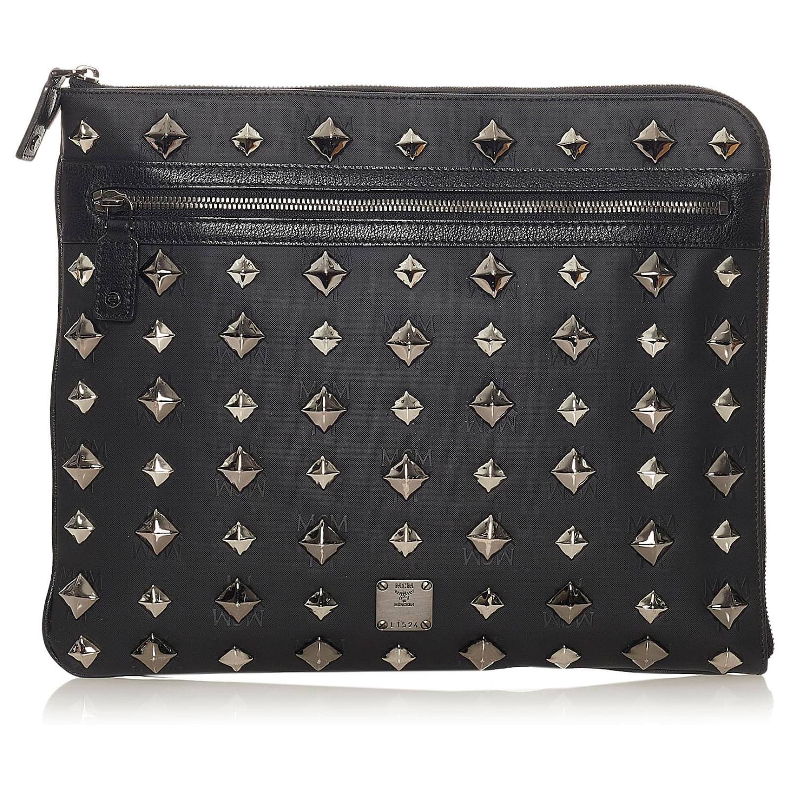 MCM Black Studded Leather Clutch Bag Pony-style calfskin ref