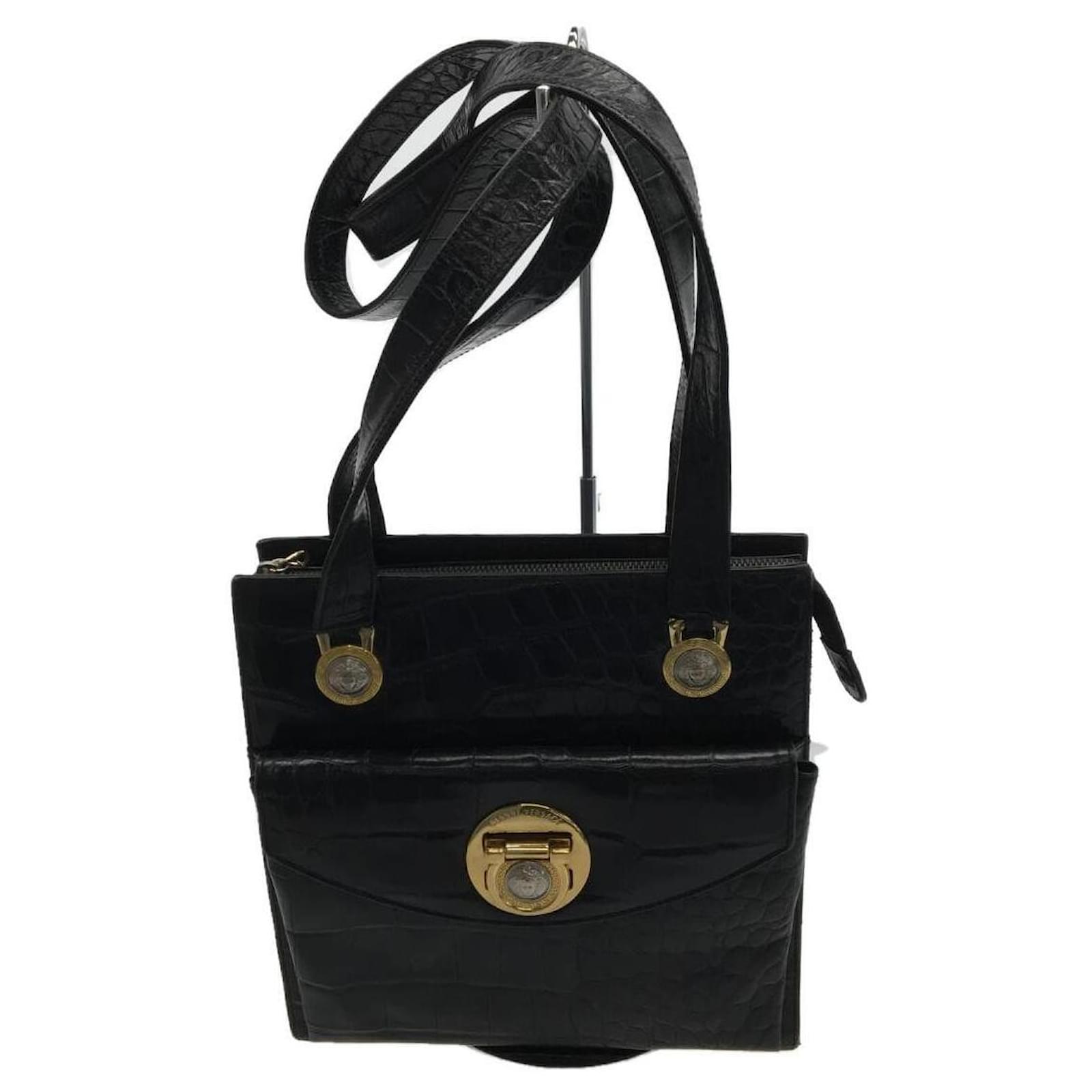 Vintage Gianni Versace Couture Black Patent Hand Bag Medusa Gold 80’s