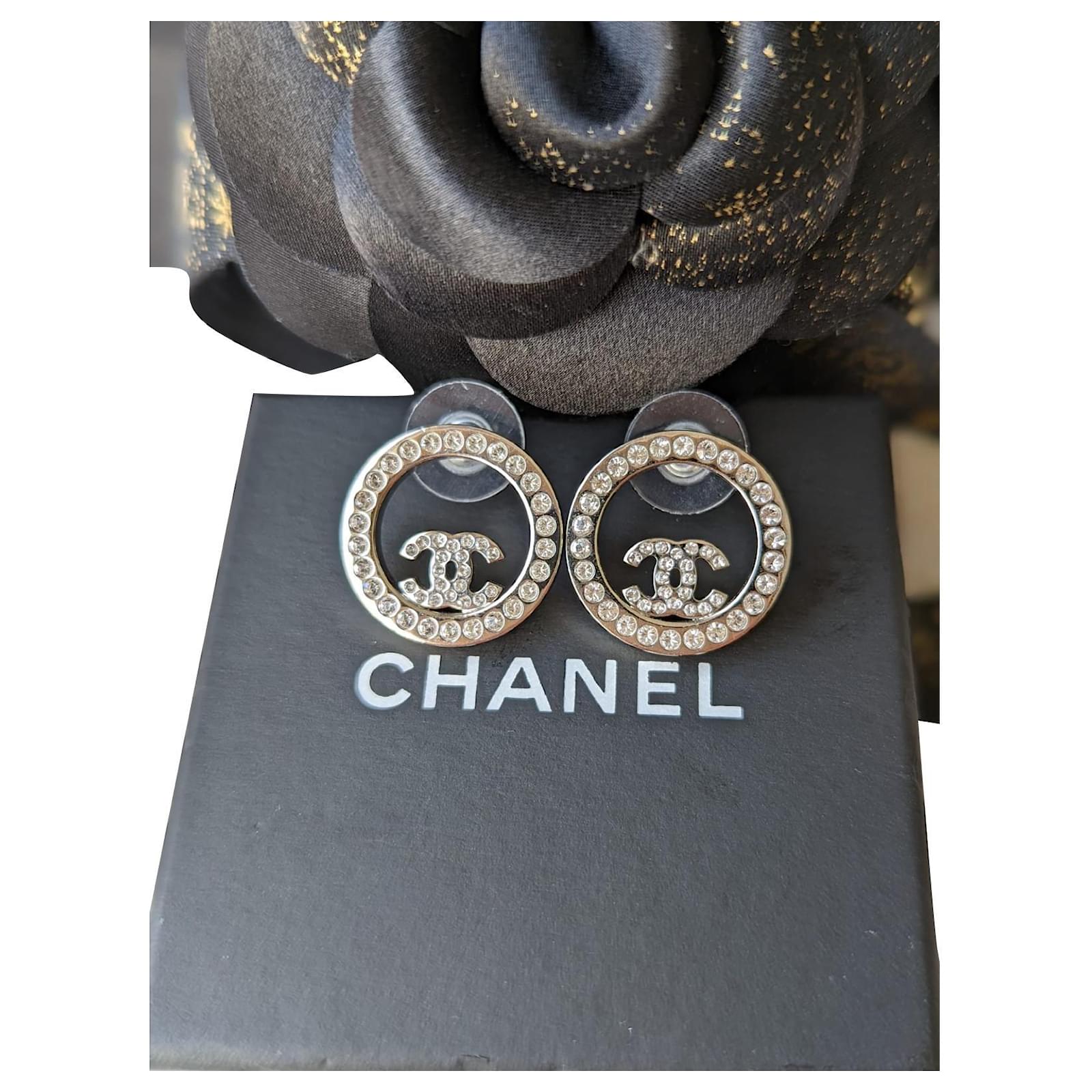 Chanel CC B20V Logo Crystal SHW Round earrings Silvery Metal ref