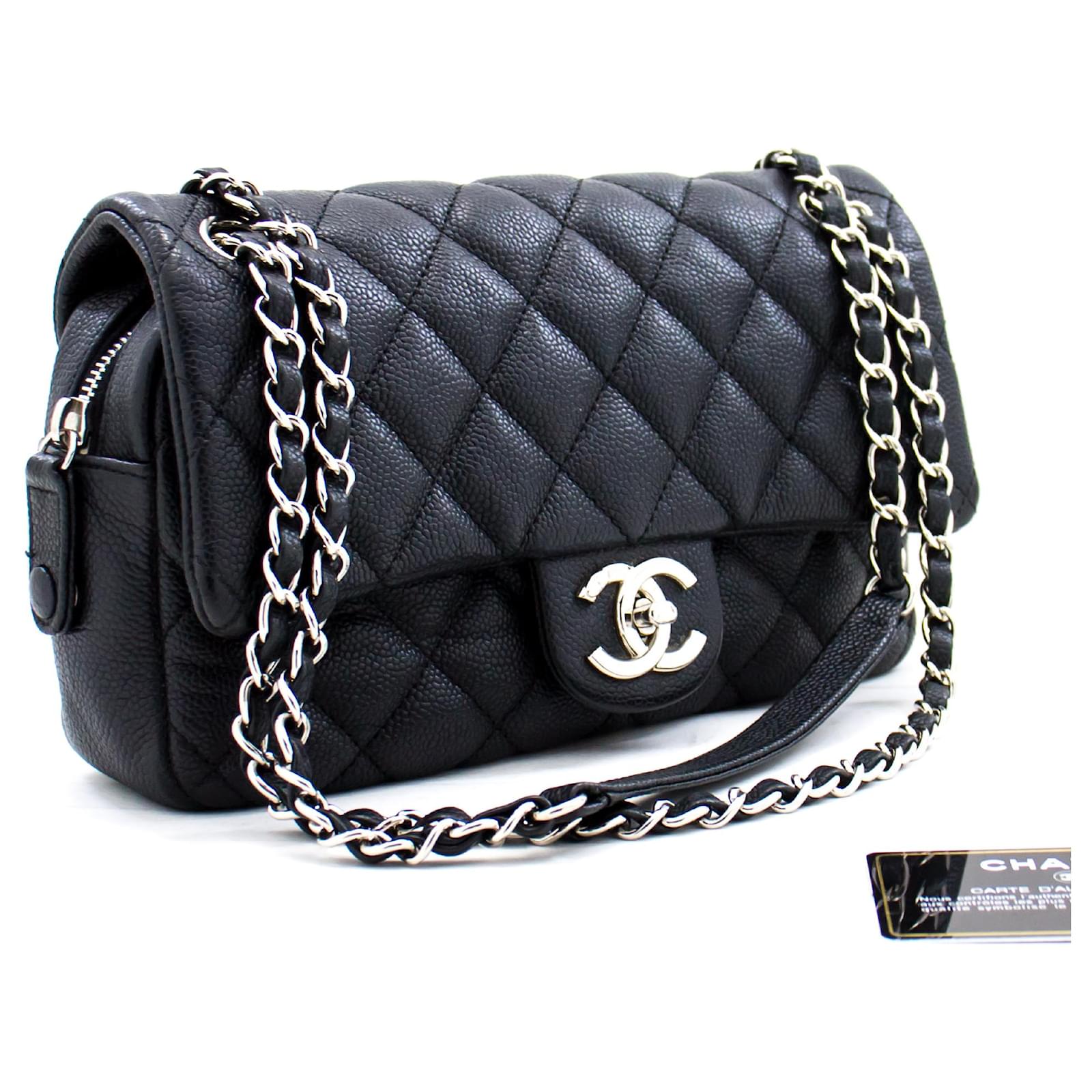 CHANEL Caviar Single Flap Silver Chain Shoulder Bag Black Zipper