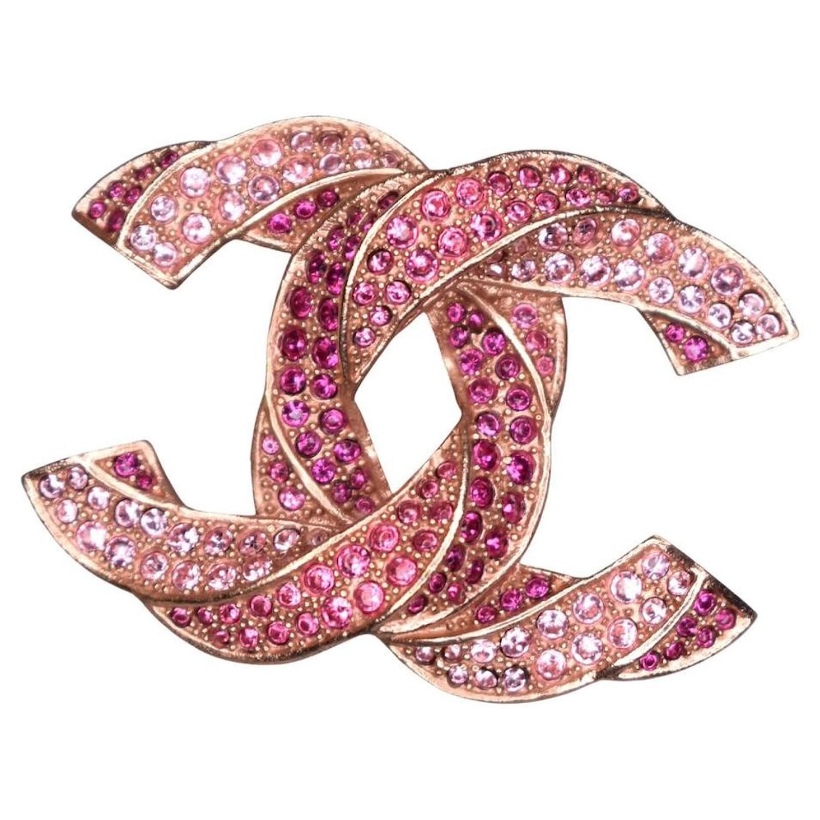 Chanel Light Gold Pink Crystal CC Pin Brooch Chanel