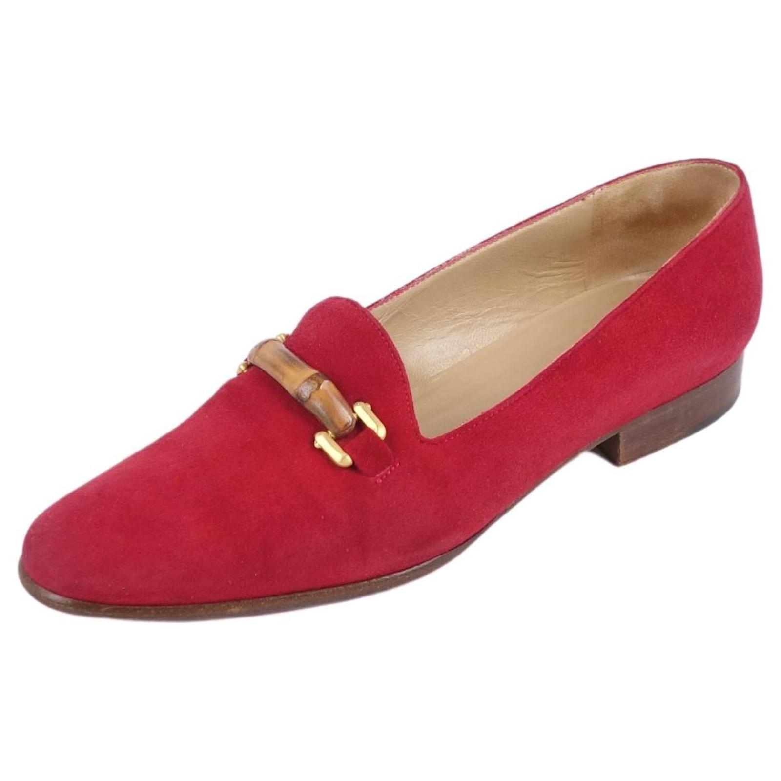 Vintage GUCCI Loafers Pumps Bamboo Shoes Suede Plain 7.5B Red Red Size (equivalent to 24.5cm) - Closet