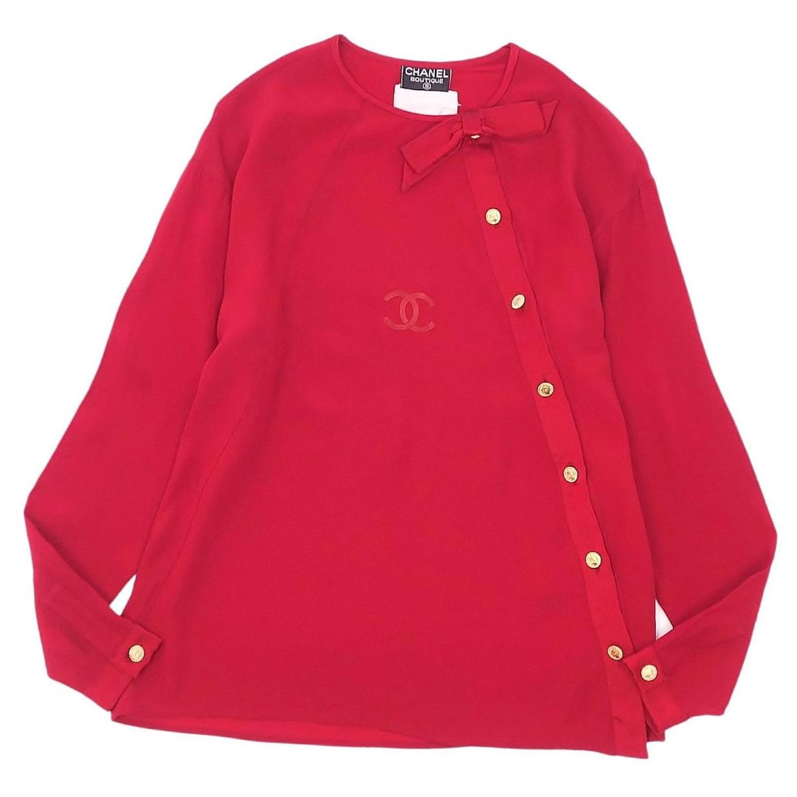 Vintage Chanel Shirt Blouse Coco Mark Coin Button Ribbon Silk Long Sleeve  Tops Used Clothing Red Size S Equivalent ref.445016 - Joli Closet