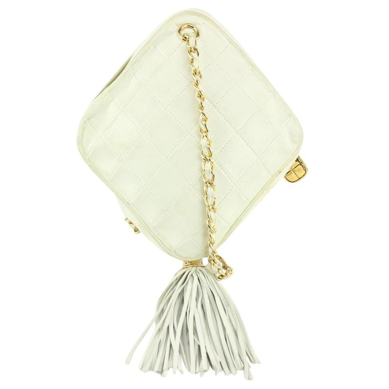 Chanel White Quilted Leather Diamond Clutch on Chain Tassel Bag
