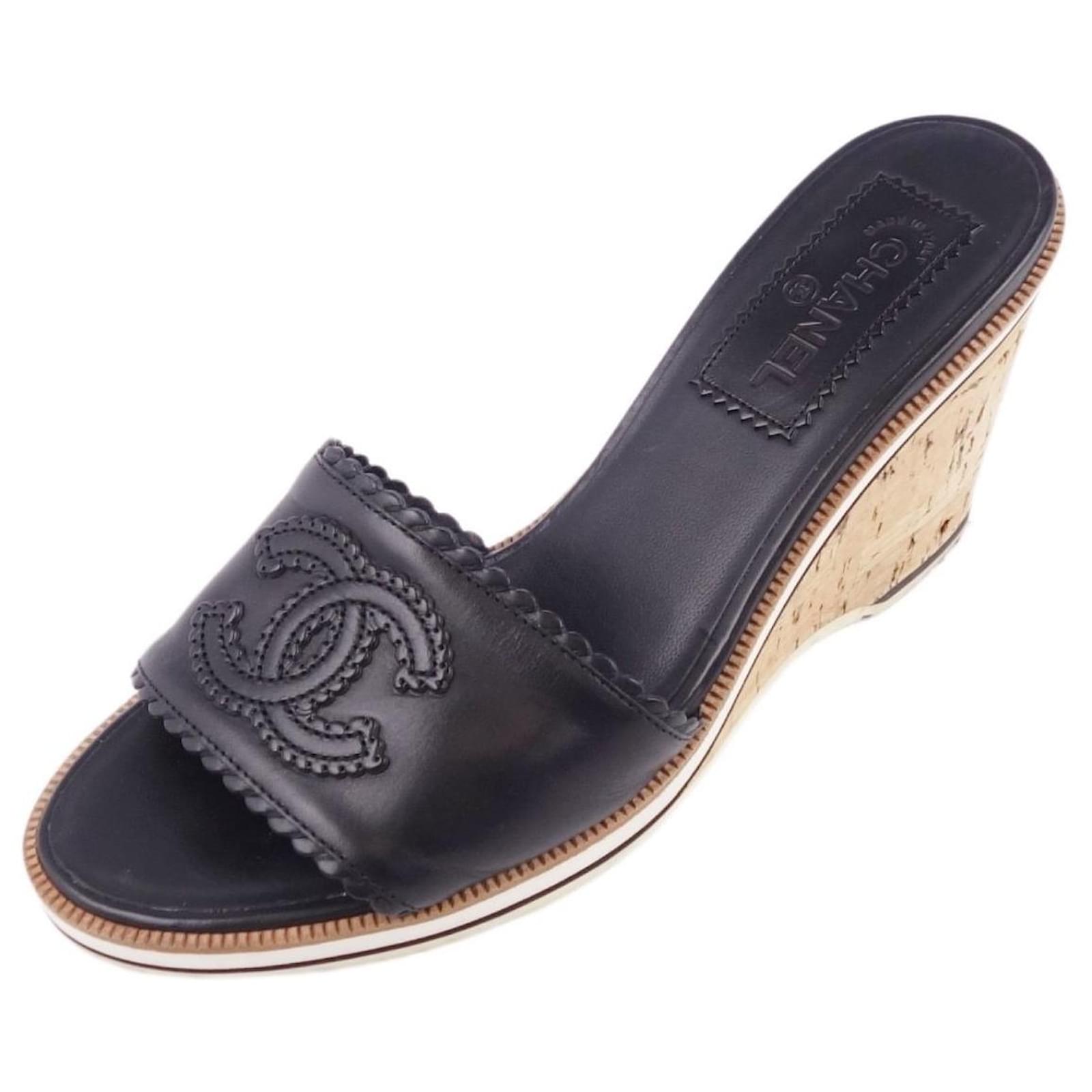 CHANEL Sandals Coco Mark G25986 Mule Cork Wedge Sole Shoes Shoes Black Size  36.5 Leather ref.446646 - Joli Closet