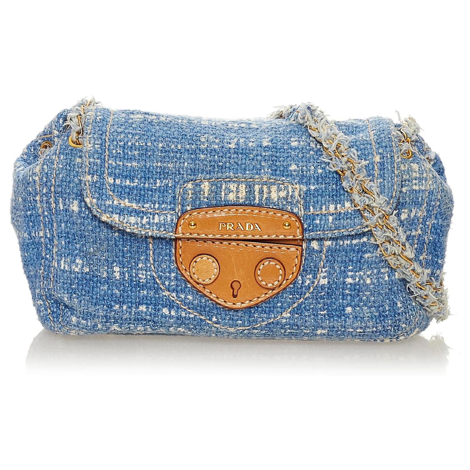 Calfskin and denim crossbody bag with logo in Blue