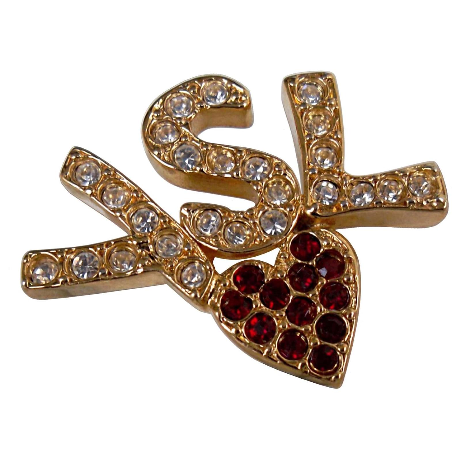 Yves Saint Laurent HEART STRASS LOGO BROOCH Golden Gold-plated ref