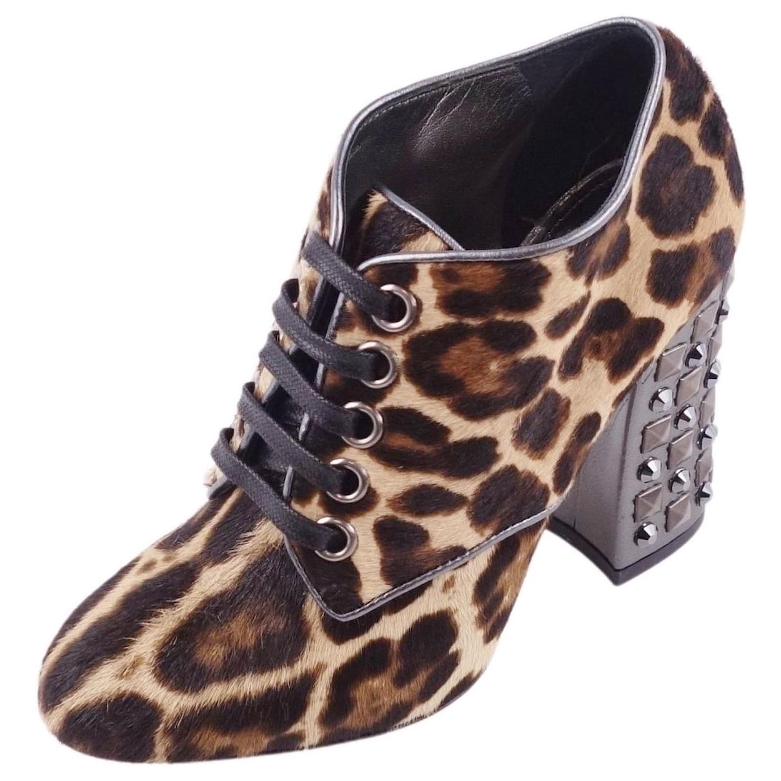 DOLCE & GABBANA Botines Leopardo Harako Cordones Tachuelas Tacón Zapatos Mujer Marrón Talla 35.5 (22.5cm equivalente) Castaño Cuero ref.446950 - Joli Closet