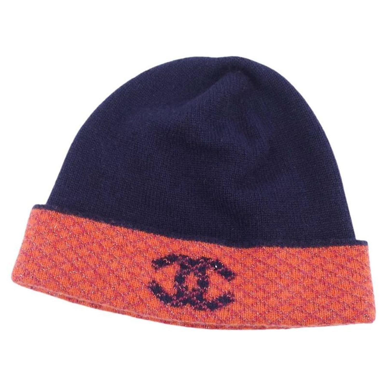 Chanel hat 18K Knit Hat Cap Coco Mark Cashmere Men's Women's Navy / Orange