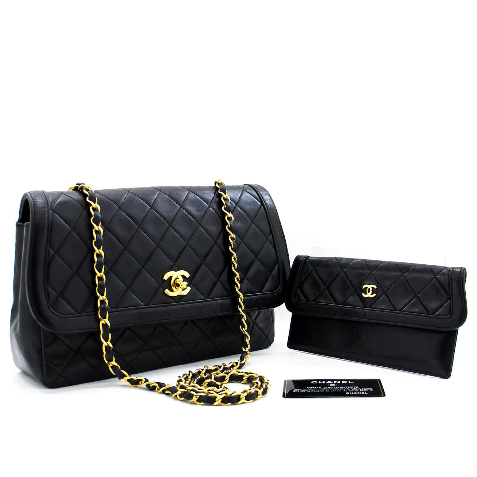 Auth CHANEL Double Flap Black Quilted Leather Gold Chain Shoulder Bag #48323