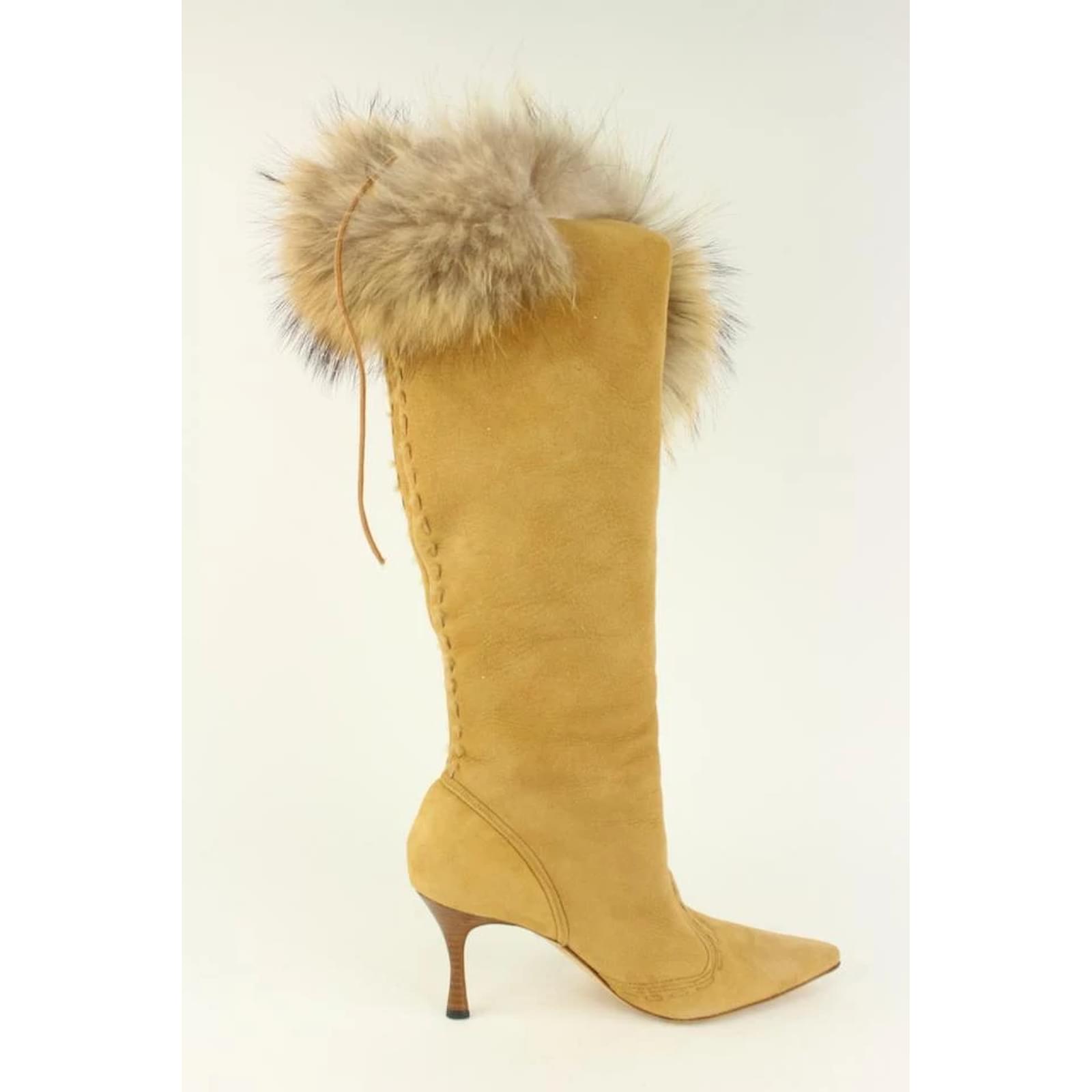 Manolo Blahnik Women's Size 38 Tan Suede Fur Trim Knee-High