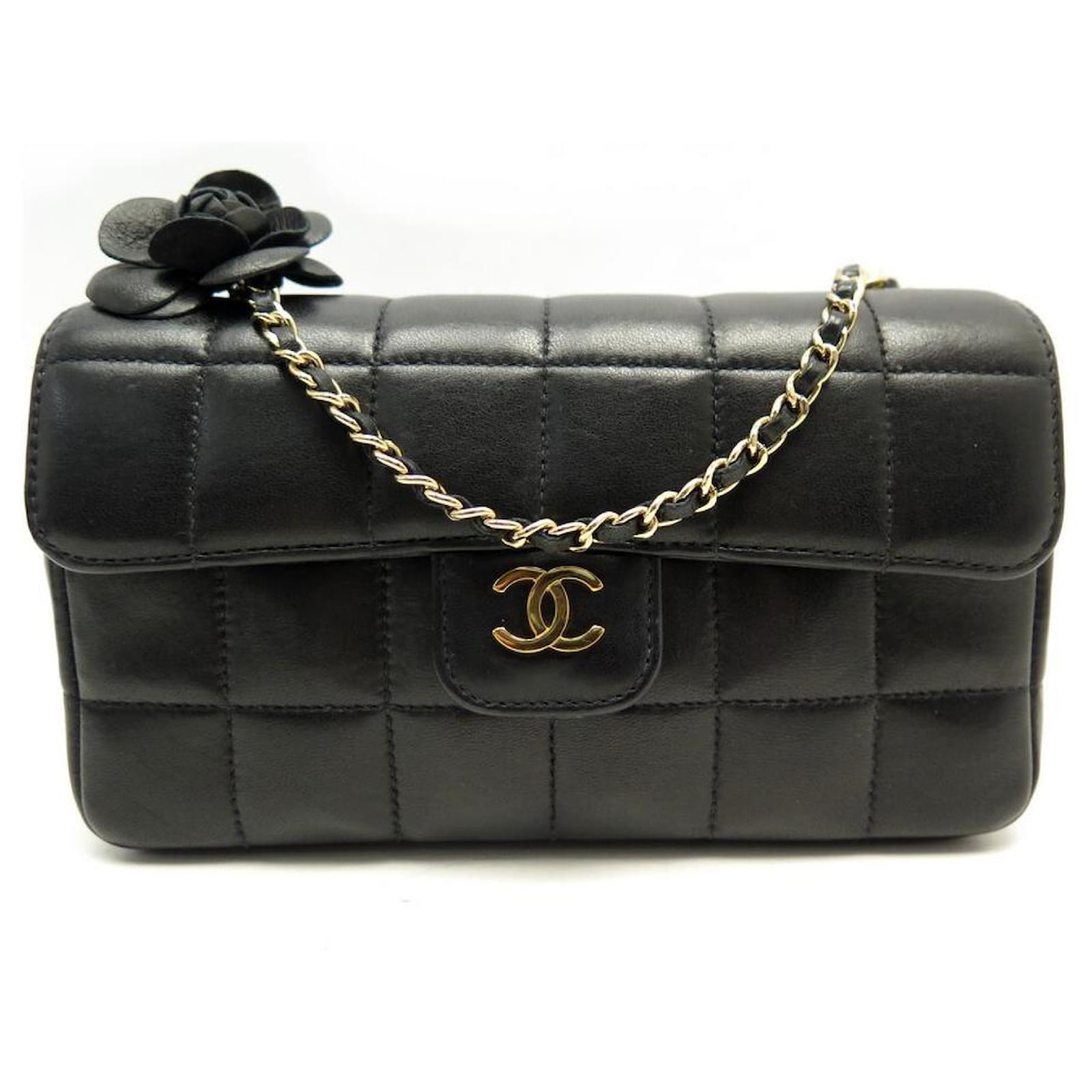 Chanel Camellia Chocolate Bar Flap Bag Quilted Lambskin Mini Black