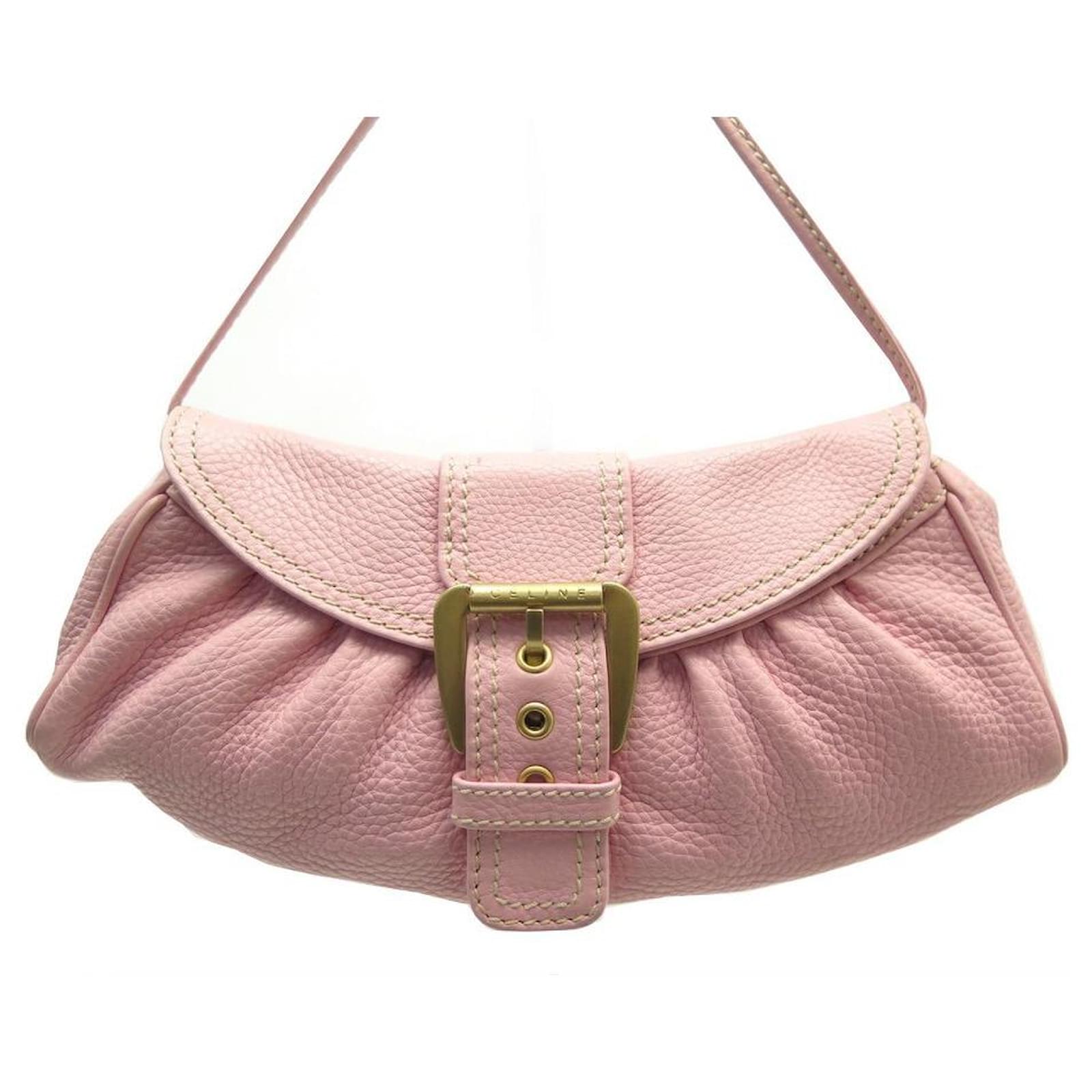 C line CELINE POCHETTE BUCKLE HAND BAG PINK GRAIN LEATHER HAND BAG