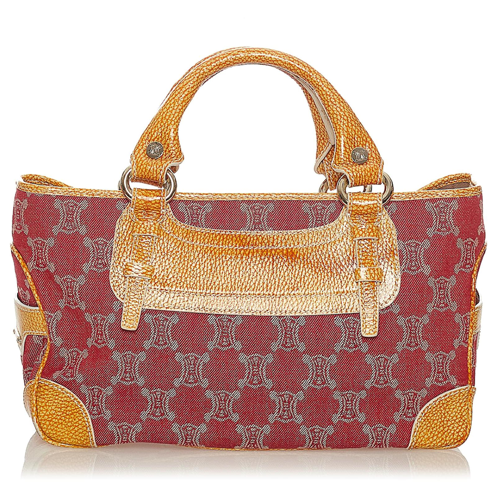 Céline Celine Red Macadam Boogie Canvas Handbag Brown Leather