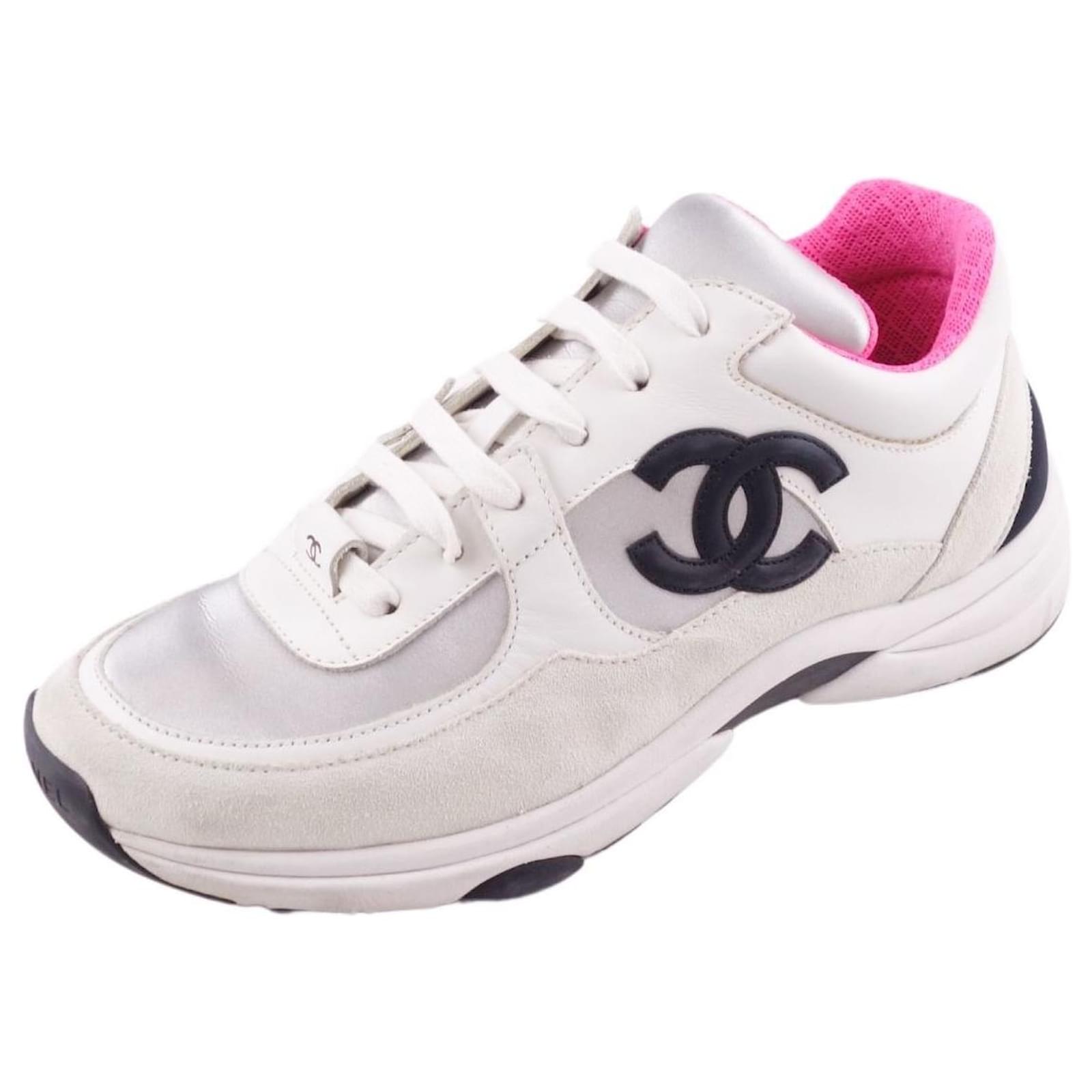 Chanel zapatillas 18Zapatos Mujer Con Cordones De Cuero De Gamuza P Coco Mark Blanco / Rosa Tamaño 37 Suecia ref.449182 - Joli Closet