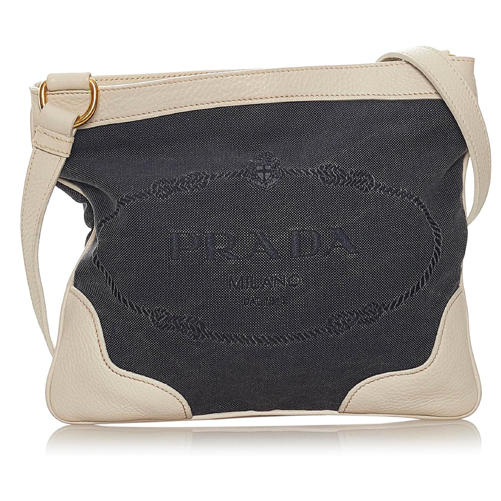 Calfskin and denim crossbody bag with logo in Blue